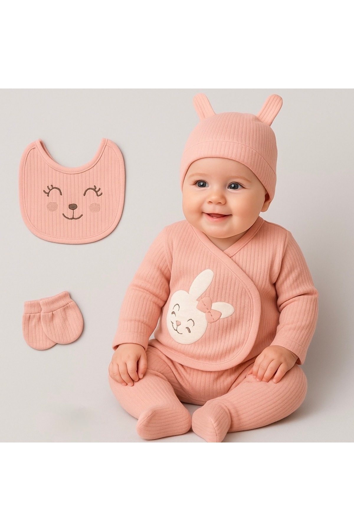 nevrankids Neşeli Bebekler Fitilli Kumaş Somon 5 Parça Hastane Çıkışı Seti fotoğrafı 4 (önizleme)