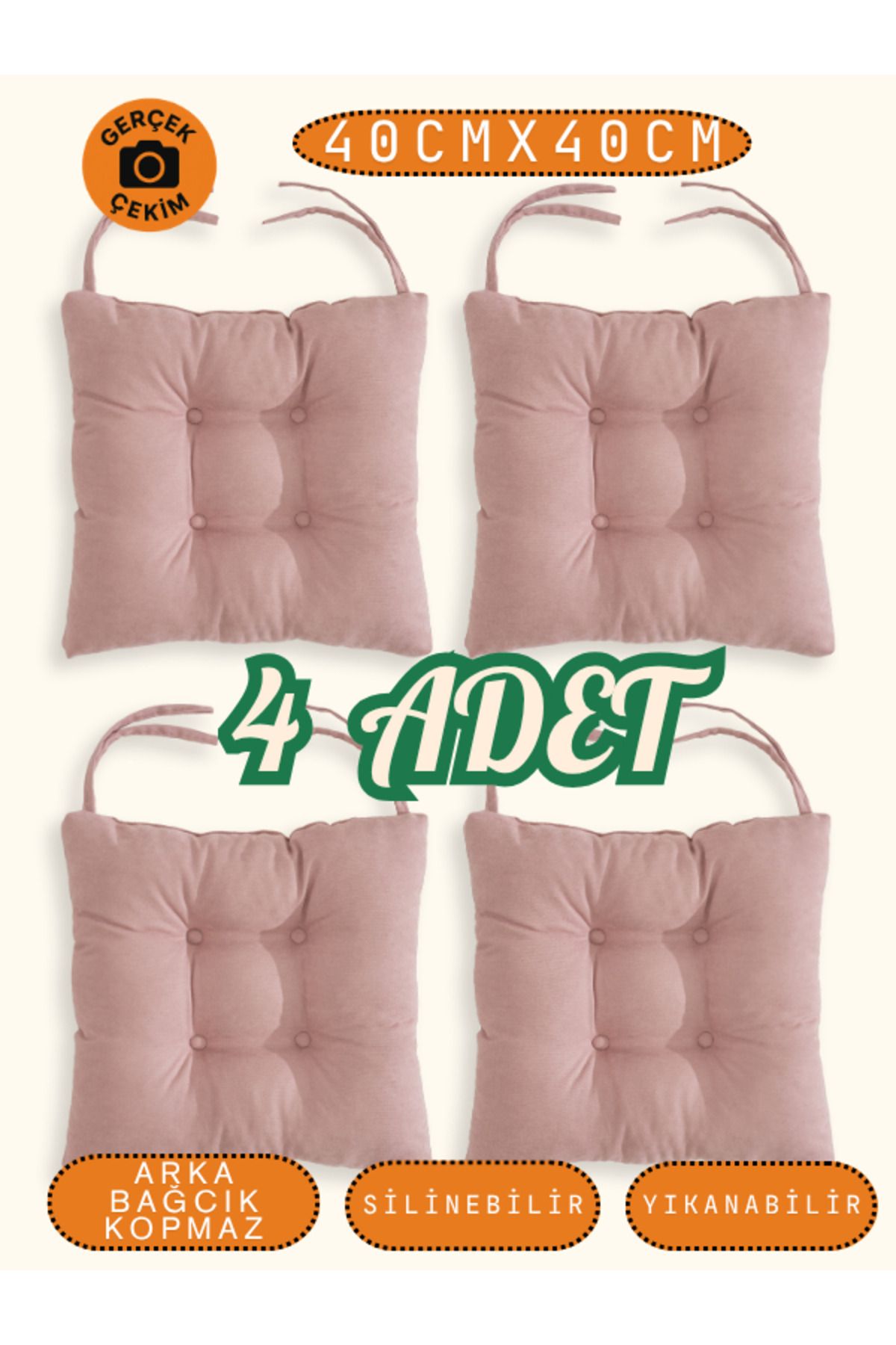 UYKUPEREST 4’lü Pastello Sandalye Minderi – Gül Kurusu – Bağcıklı, Slikon Dolgulu, Yıkanabilir – 40x40
