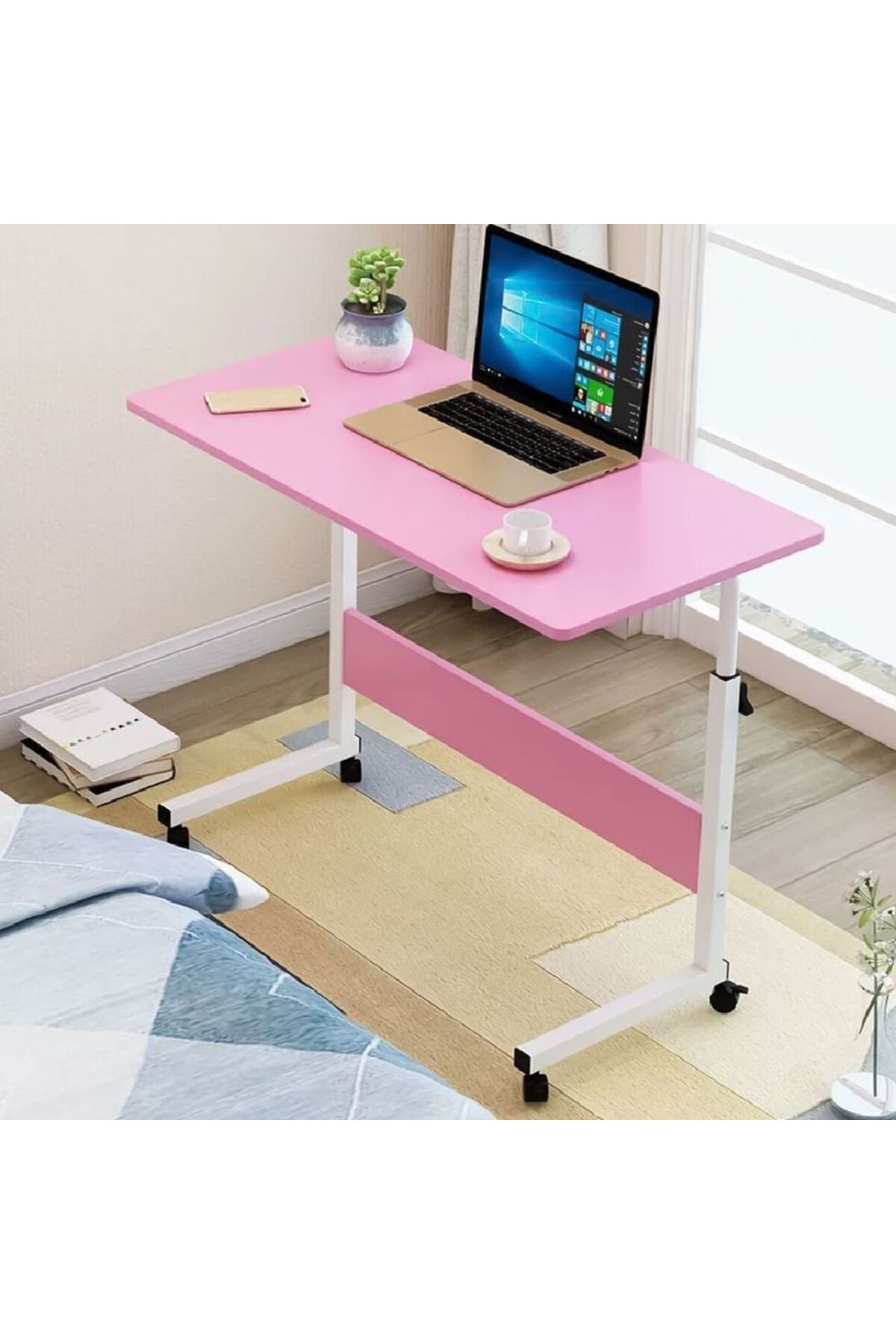 🖥️ طاولة لابتوب بعجلات قابلة للتعديل 90 * 40 سم,مكتب كمبيوتر متنقل للبيت والمكتب لون بينك,زهري