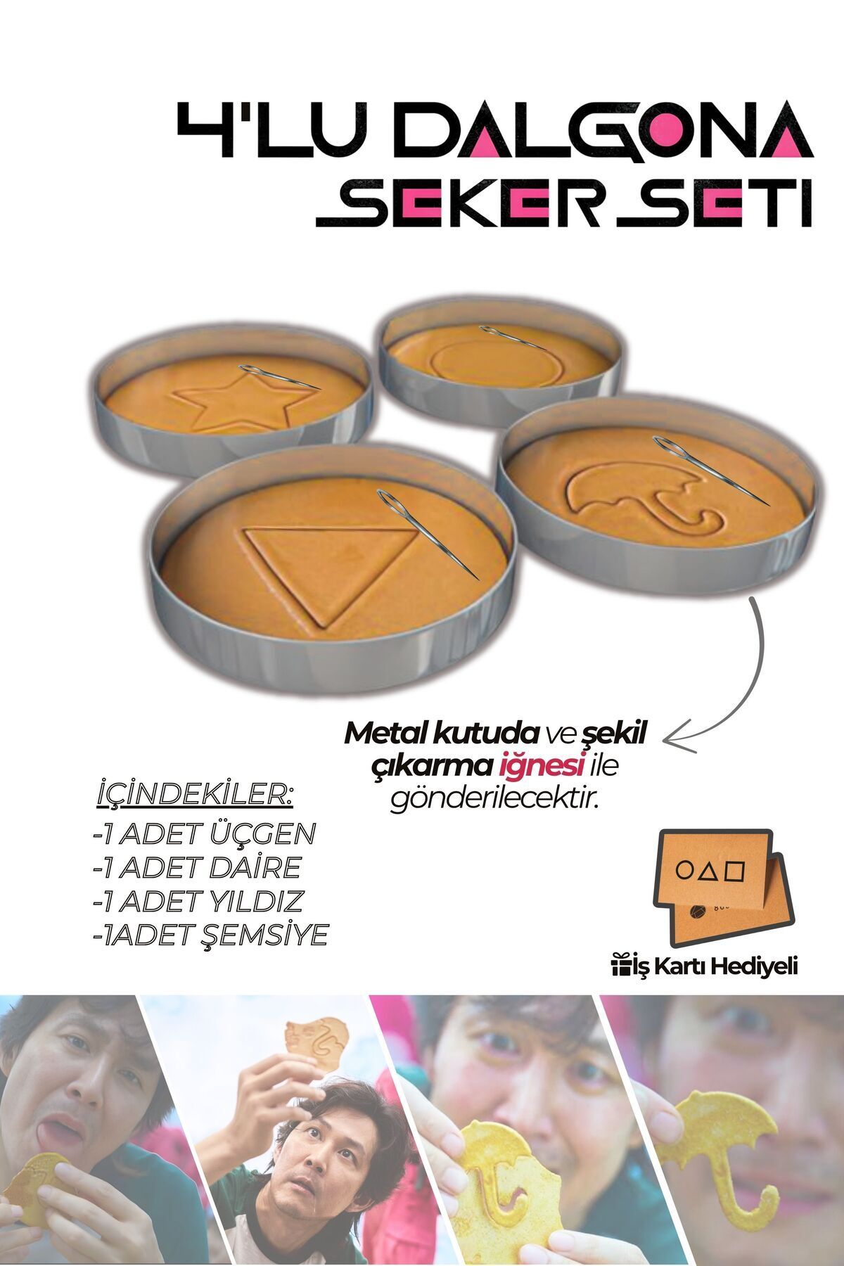 4koma Squid Game Yenilebilir 4'lü Dalgona Şeker Oyunu Squid Game Şeker Oyunu Seti