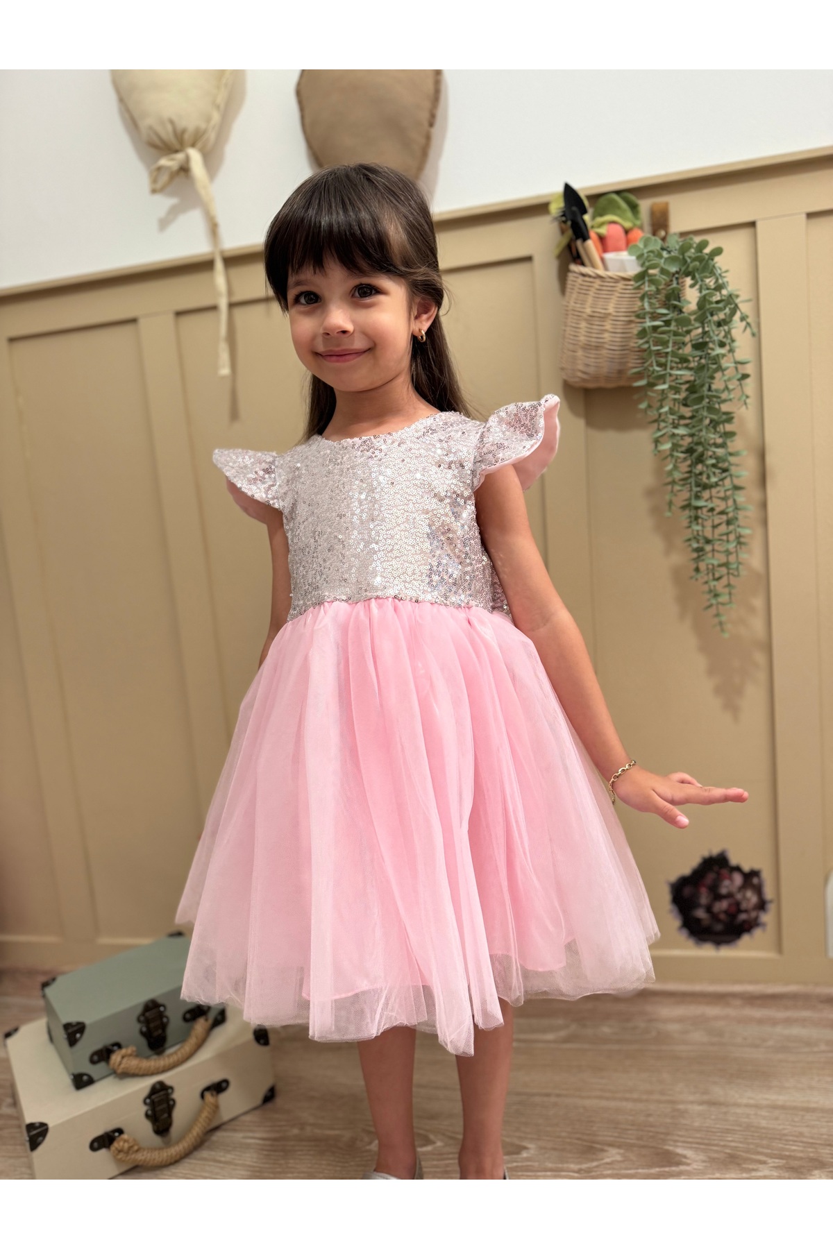 penu baby kids Pembe Payet Detaylı Tül Etekli Kısa Kol Kız Bebek Elbise fotoğrafı 7 (önizleme)