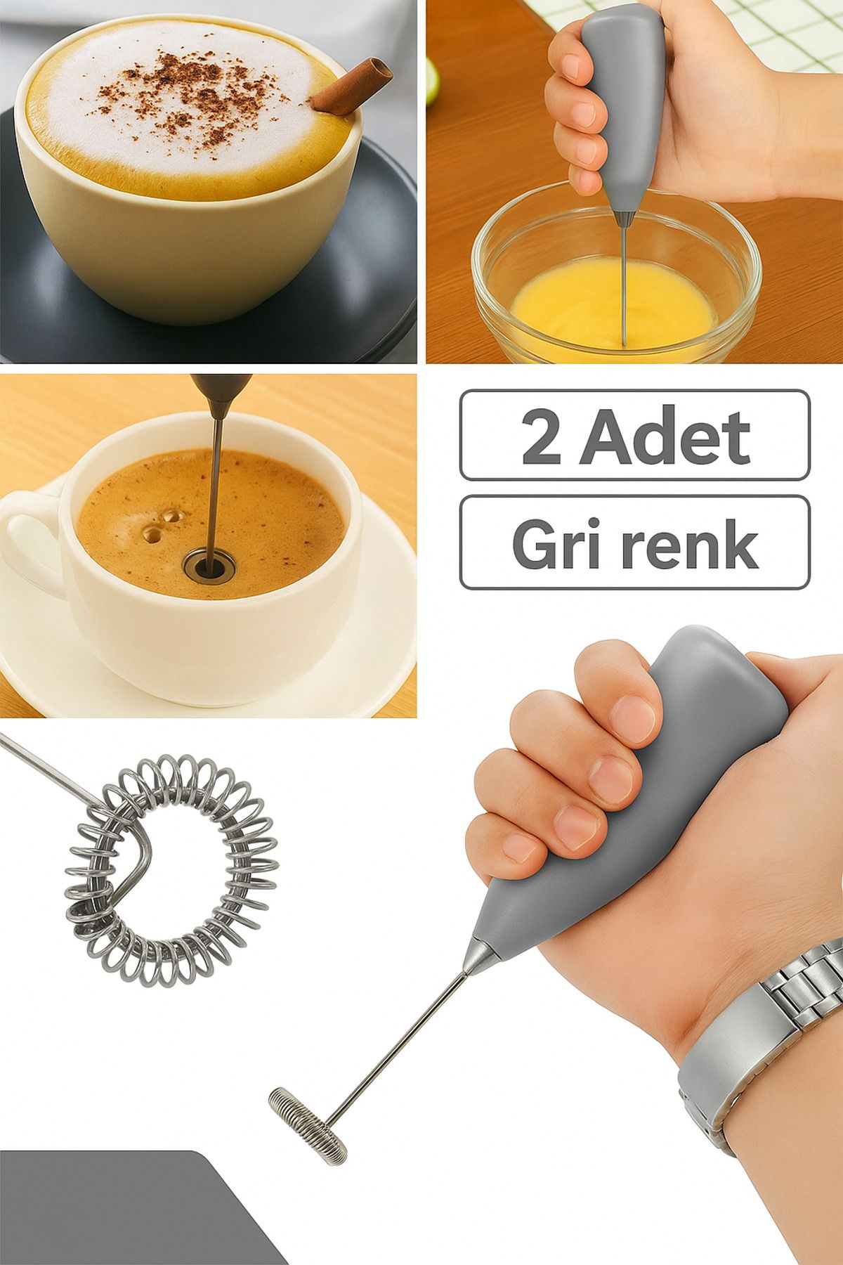 UGA İthalat 2 Adet Gri Renk Mini Pilli Süt Köpürtücü Kahve Milkshake İçecek Hazırlamak İçin Çırpıcı