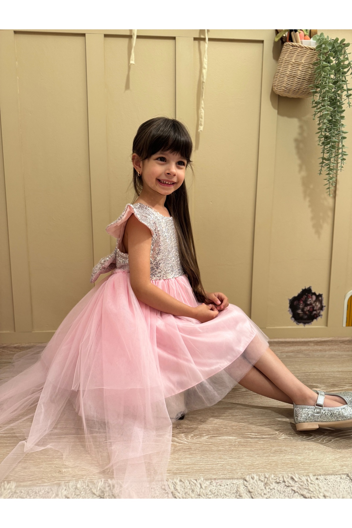 penu baby kids Pembe Payet Detaylı Tül Etekli Kısa Kol Kız Bebek Elbise fotoğrafı 6 (önizleme)