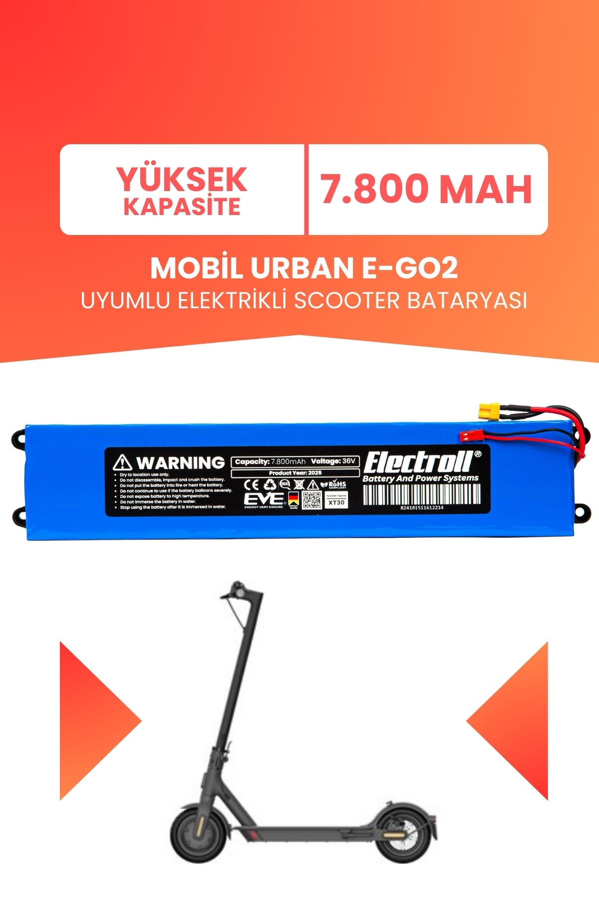 ELECTROLL Mobil Urban E-GO2 Batarya (YÜKSEK KAPASİTE) 36v 7.800mah Pil Elektrikli Scooter Bataryası