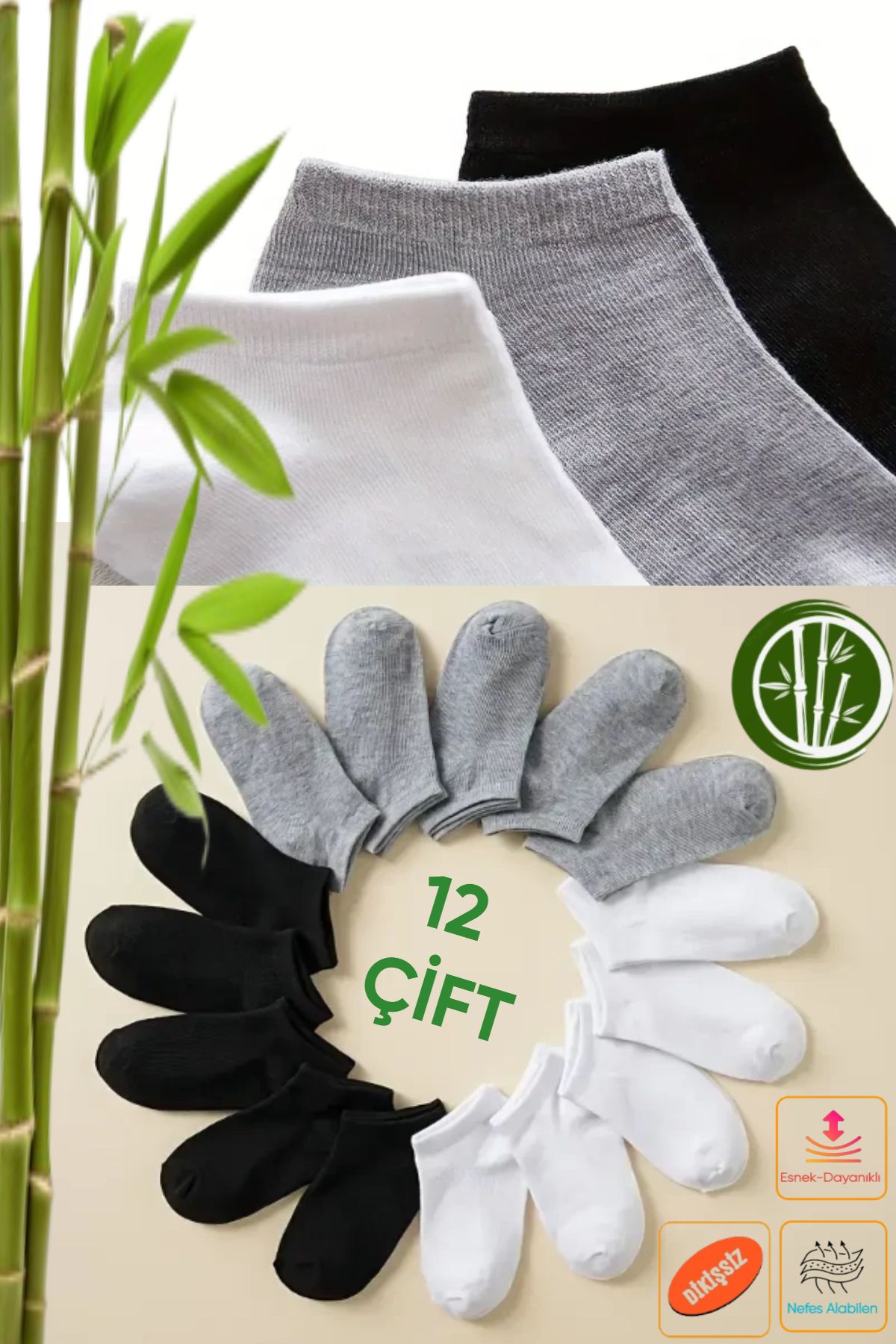 Esinti Kadın Bambu Görünmez Sneakers Çorap 12 Çift | Dikişsiz, Kokulu, Yumuşak