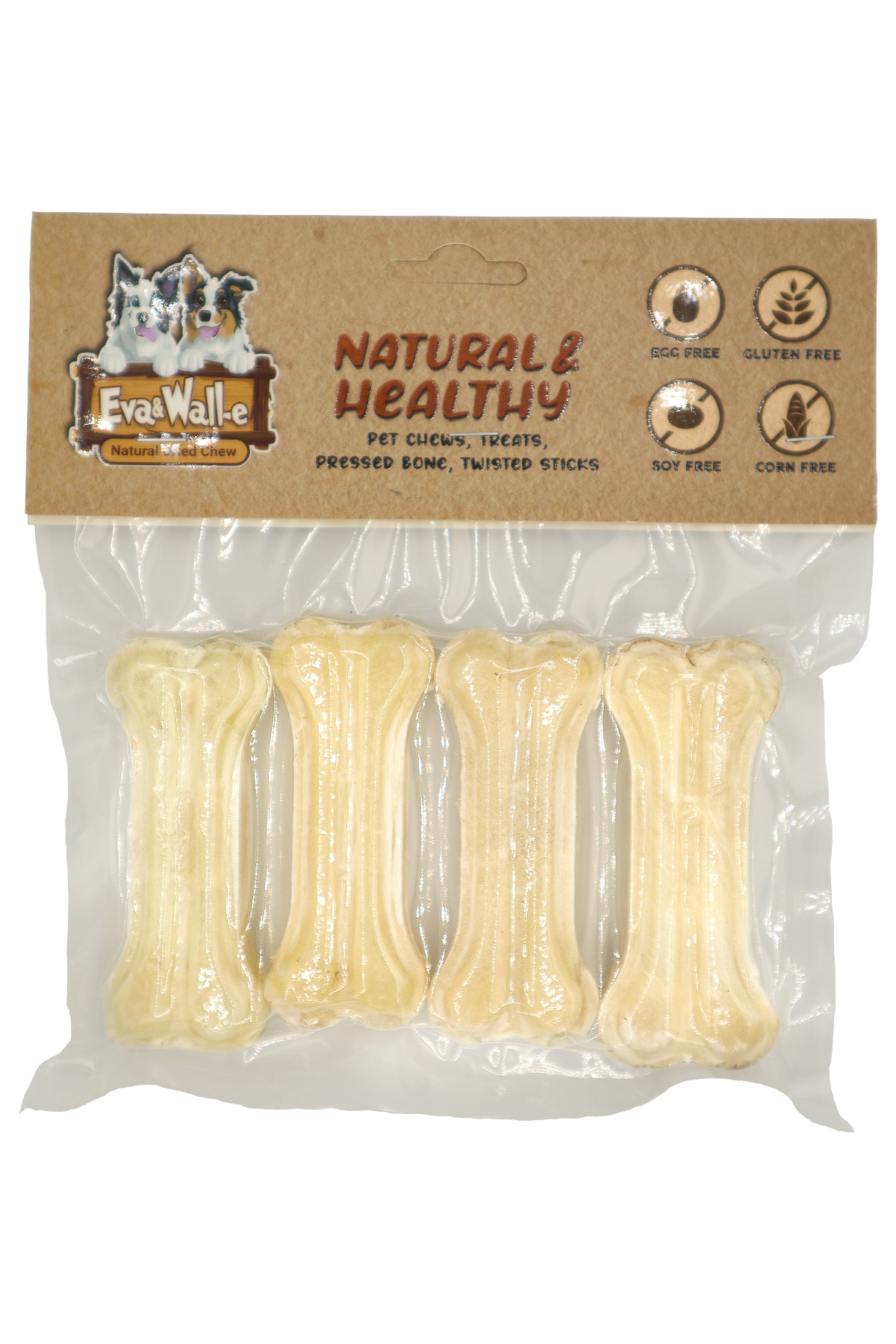 Eva & Wall-e Doğal Beyaz Köpek Kemiği 4’lü – 7 cm | Küçük Irk & Yavru Köpekler için Diş Kaşıma