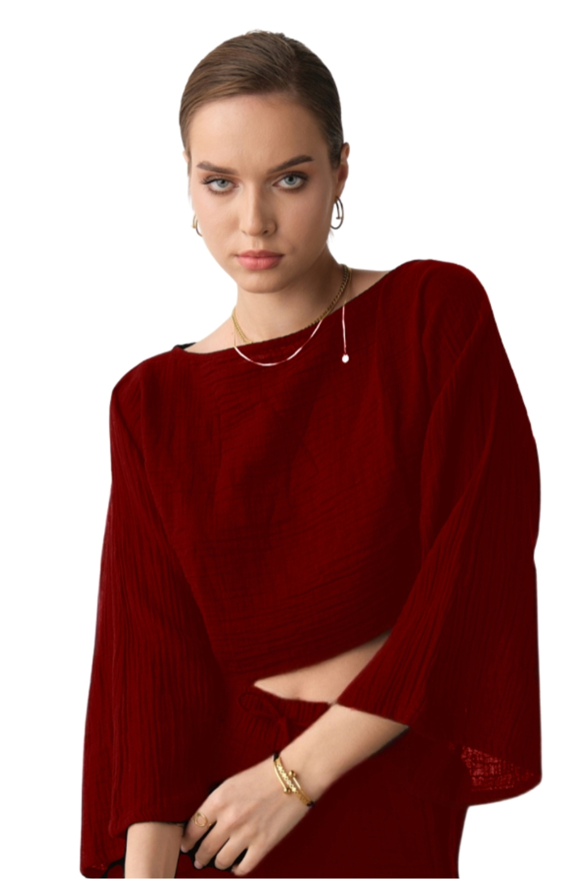 Muslin Bustier, Tshirt Spanish Sleeve Boat Neck 100% Cotton Summer Tshirt, Crop Bustier Claret Red