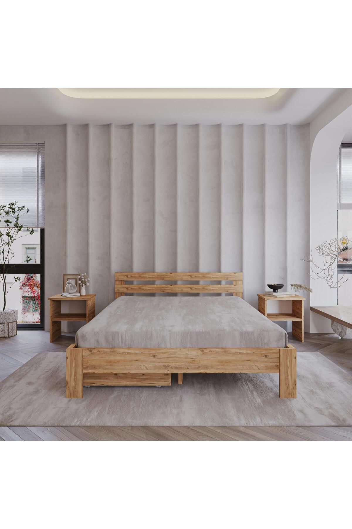RENAZZO 2 Çekmeceli Letto Atlantik Mdf Set Karyola | Tek Ve Çift Kişilik Yatak Uyumlu, Kolay Kurulum