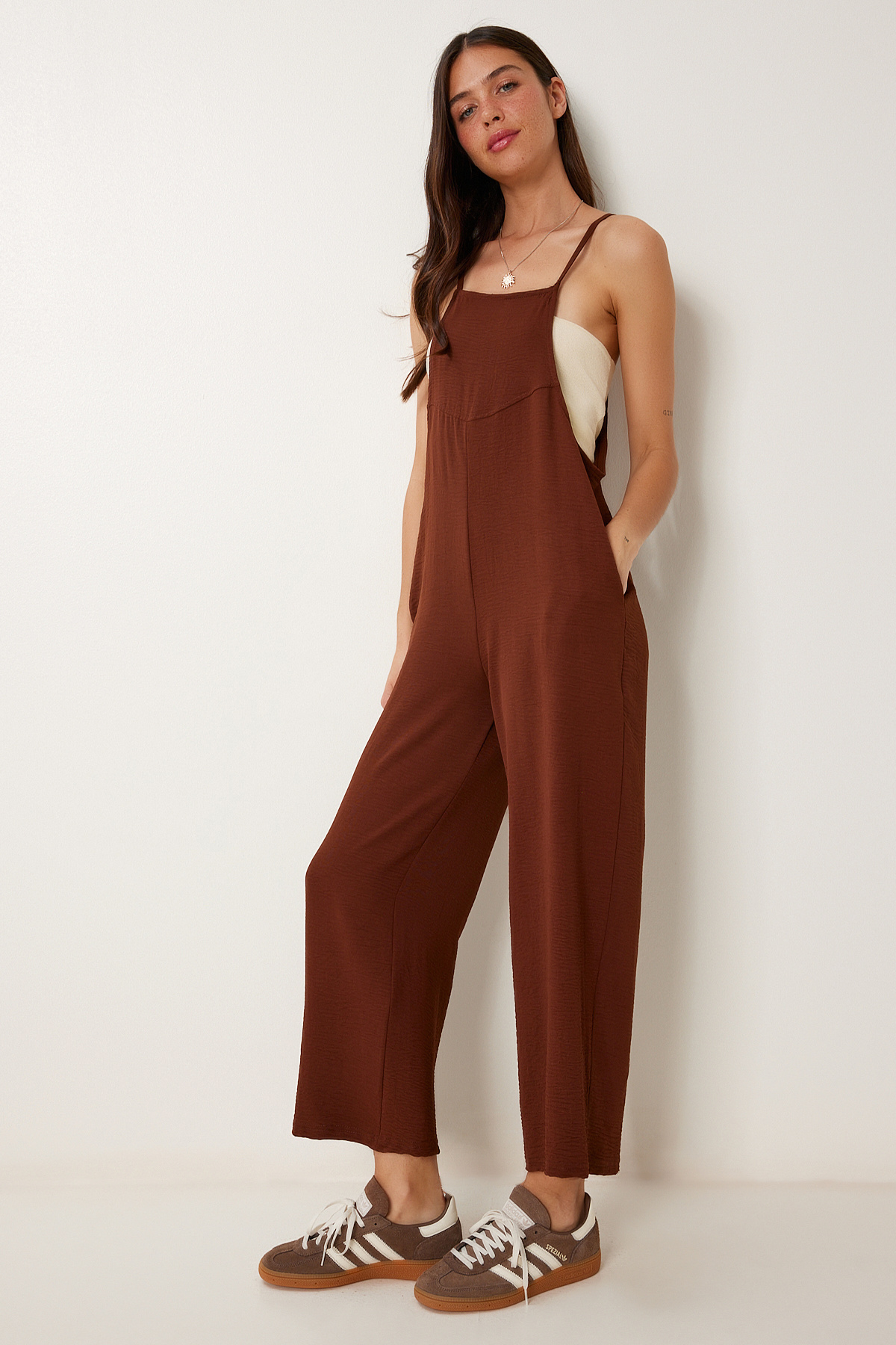 Flocked Gardener Jumpsuit with Pockets BROWN LDD0002