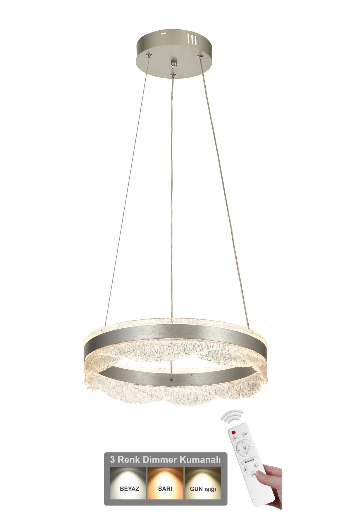 Avizemoda Estilo 40 cm Dimmer Kumandalı 3 Renk Ledli (Sarı-Beyaz-Gün Işığı) Modern Akrilik Avize - Gümüş