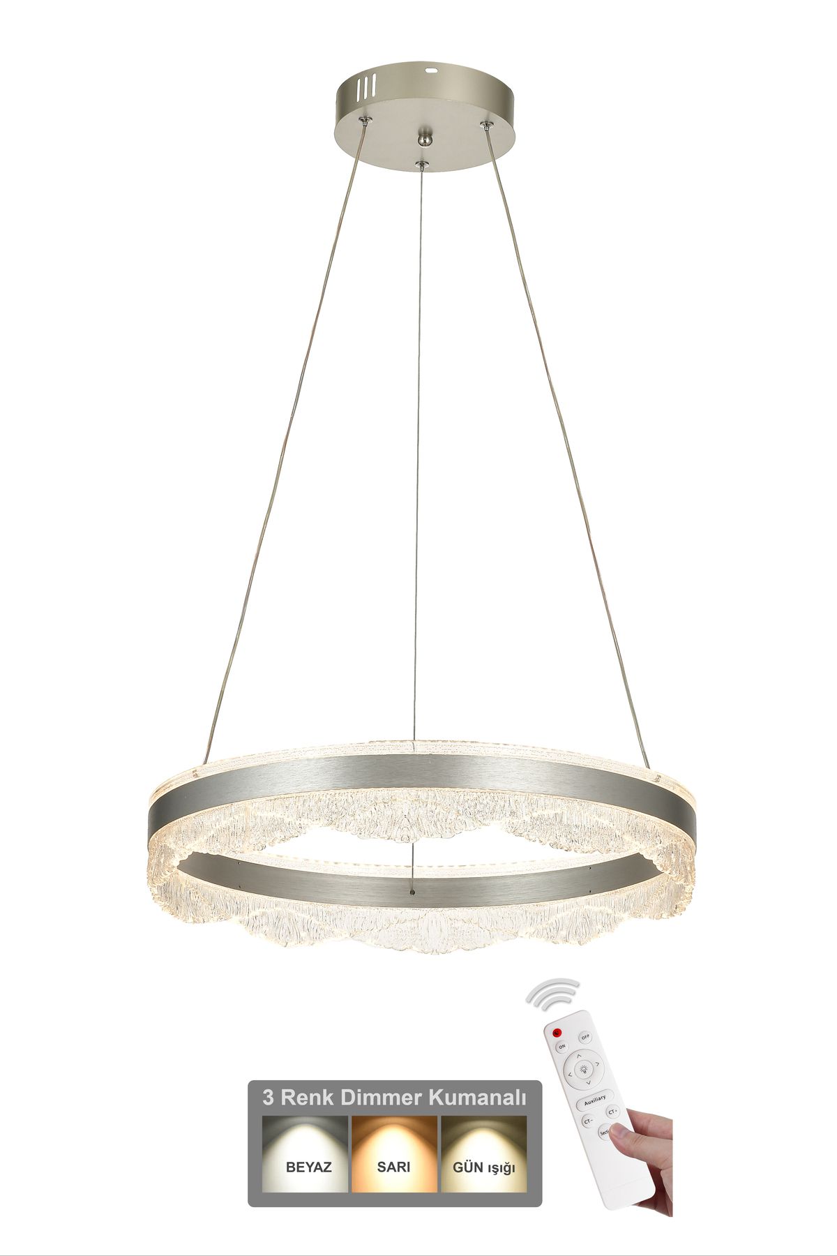 Avizemoda Estilo 50 cm Dimmer Kumandalı 3 Renk Ledli (Sarı-Beyaz-Gün Işığı) Modern Akrilik Avize - Gümüş
