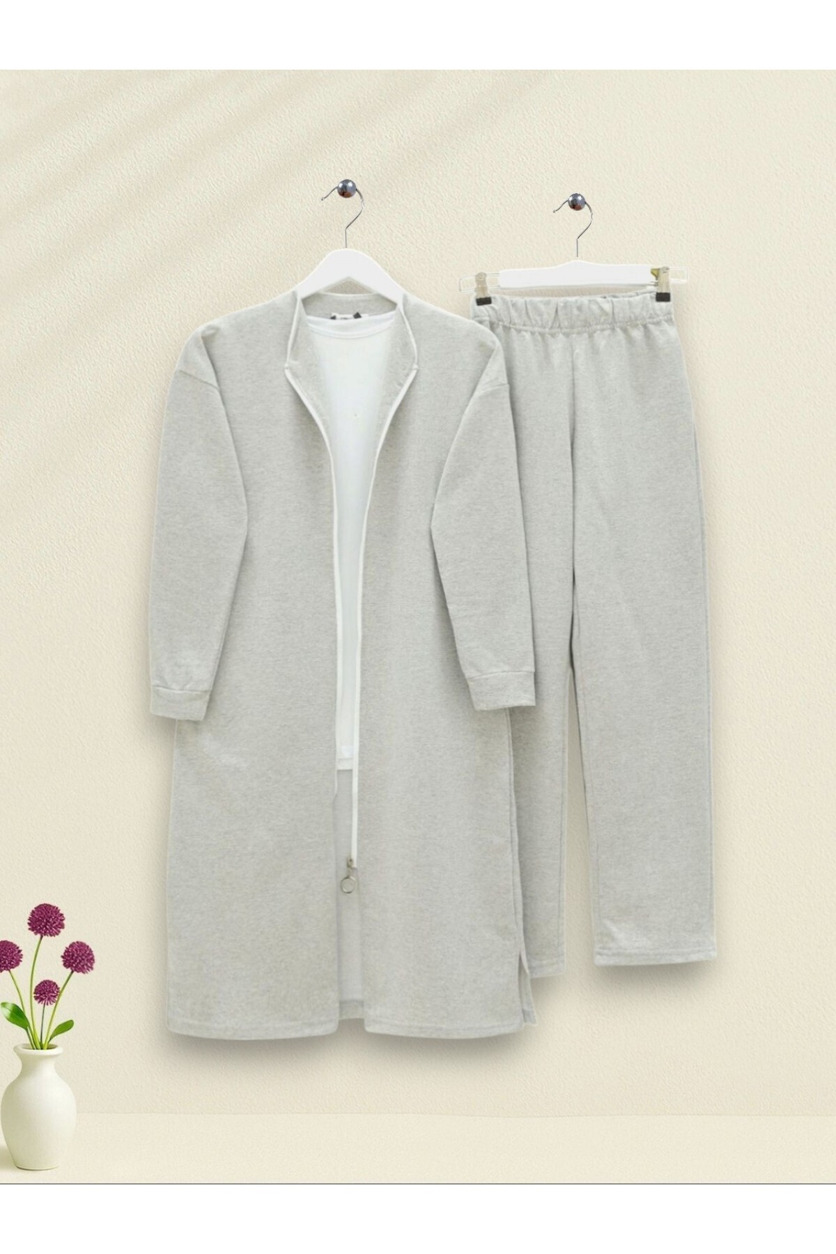 Modamorfo-Two Thread Combed Cotton Suit with Piping Collar and Zipper - Light Gray 1