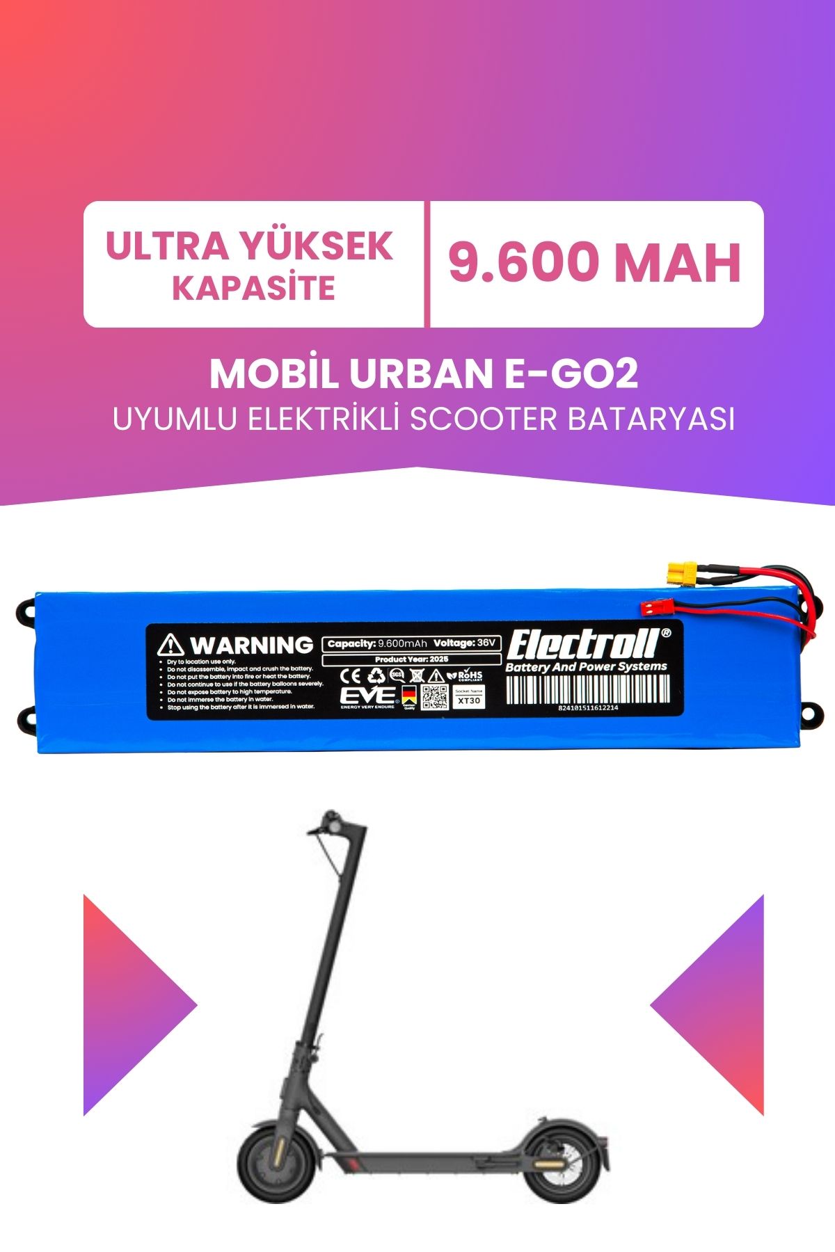 ELECTROLL Mobil Urban E-GO2 Batarya (ULTRA YÜKSEK KAPASİTE) 36v 9.600mah Pil Elektrikli Scooter Bataryası