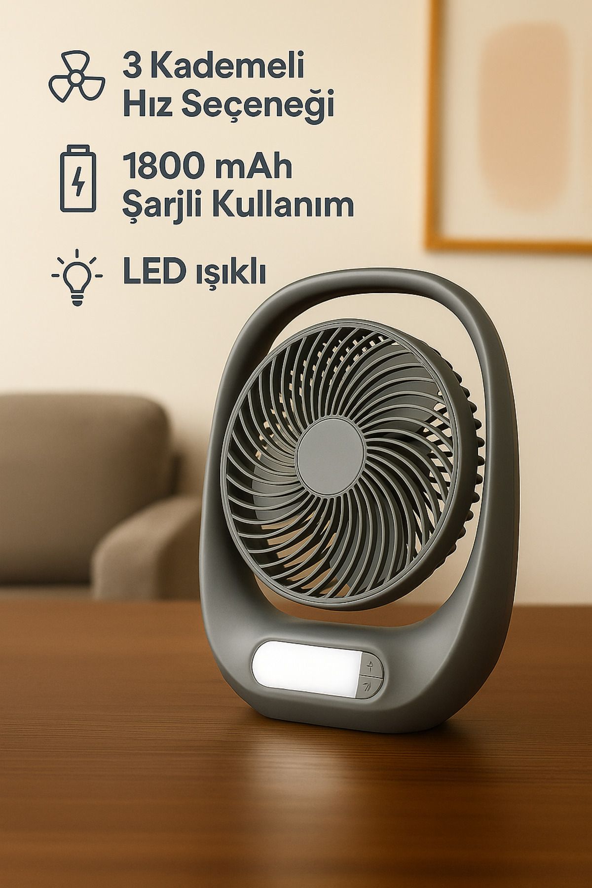 Enshall Yeni Model 3 Kademeli Auhma Masaüstü Ev Ofis Fanı 1800 mAh Şarjlı Led Işıklı Vantilatör