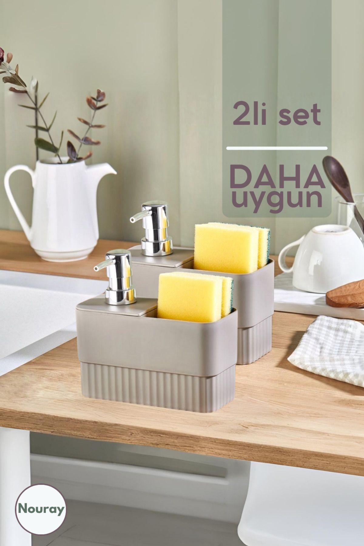 nouray 2Lİ SET 2 bölmeli Pompalı Tezgah Üstü Banyo Mutfak Sıvı Sabunluk Süngerlik.