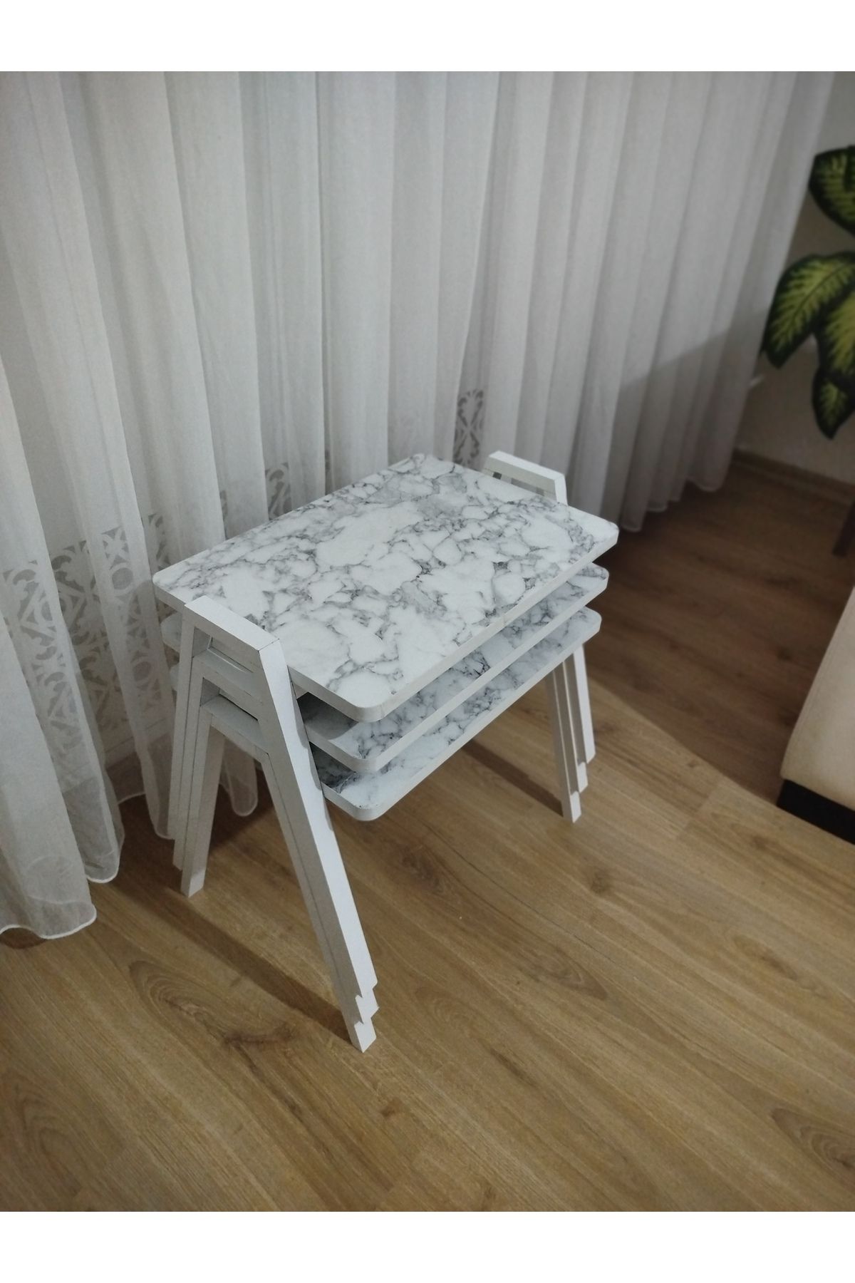 GÜVENÇ Zigon Sehpa 3'Lü Mermer Desenli Tepsi Model