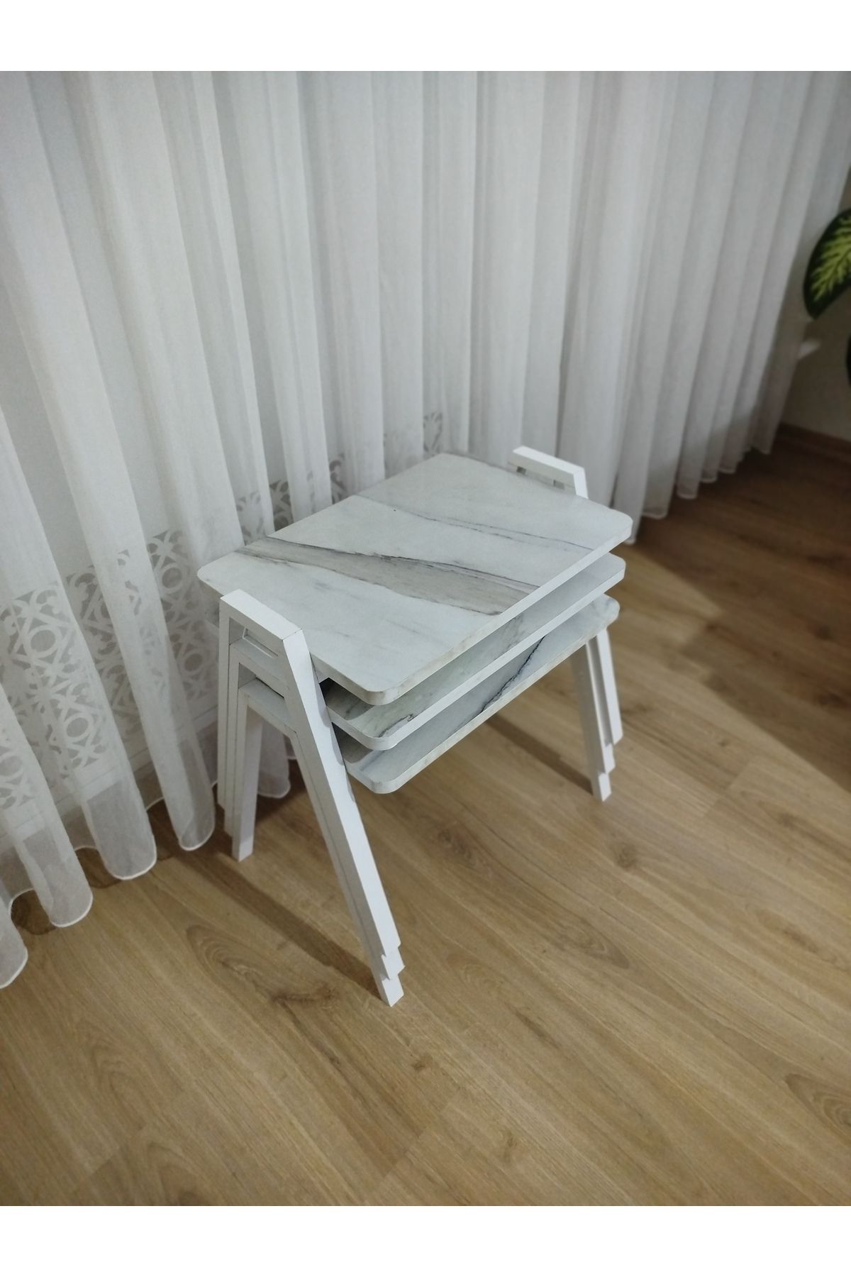 GÜVENÇ Zigon Sehpa 3'Lü Mermer Desenli Tepsi Model