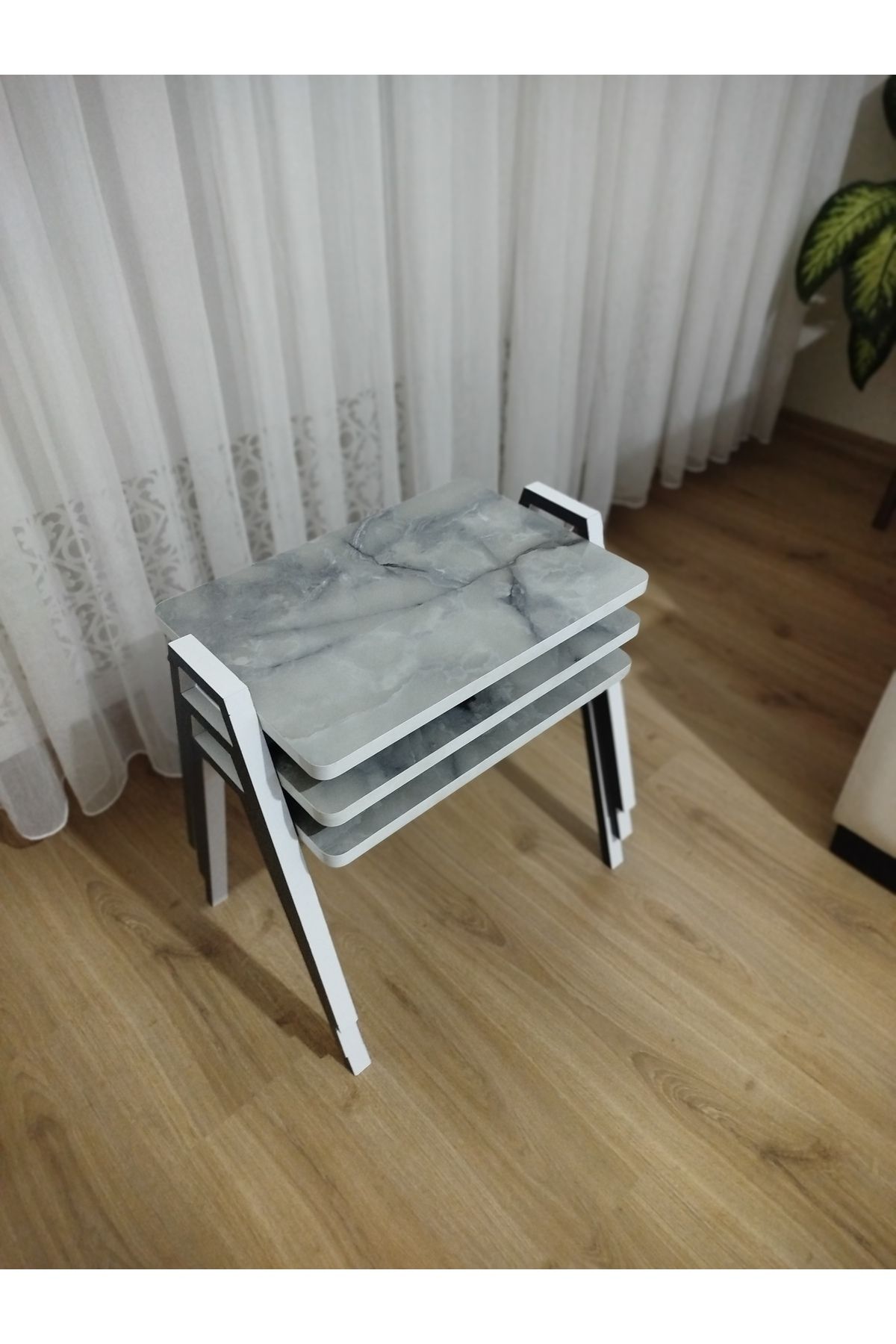 GÜVENÇ Zigon Sehpa 3'Lü Mermer Desenli Tepsi Model
