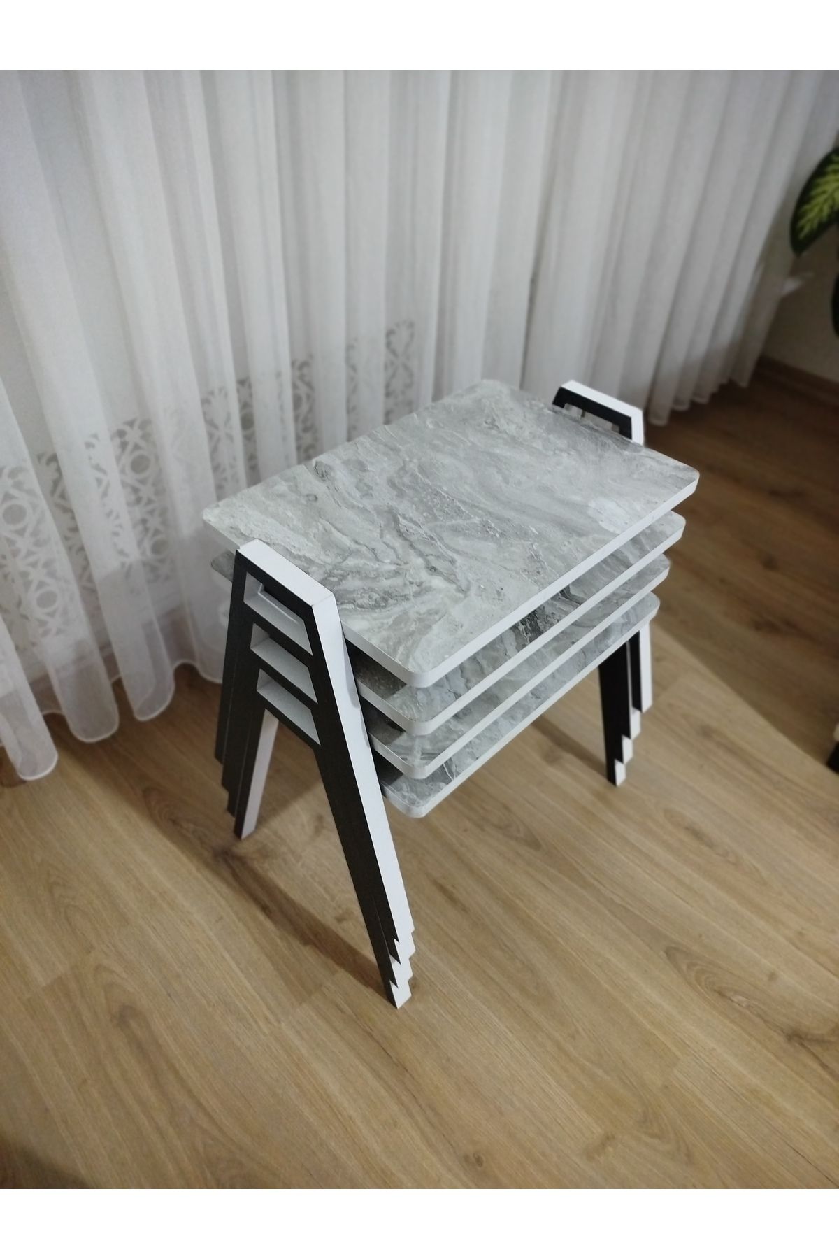 GÜVENÇ Zigon Sehpa 4'Lü Mermer Desenli Tepsi Model