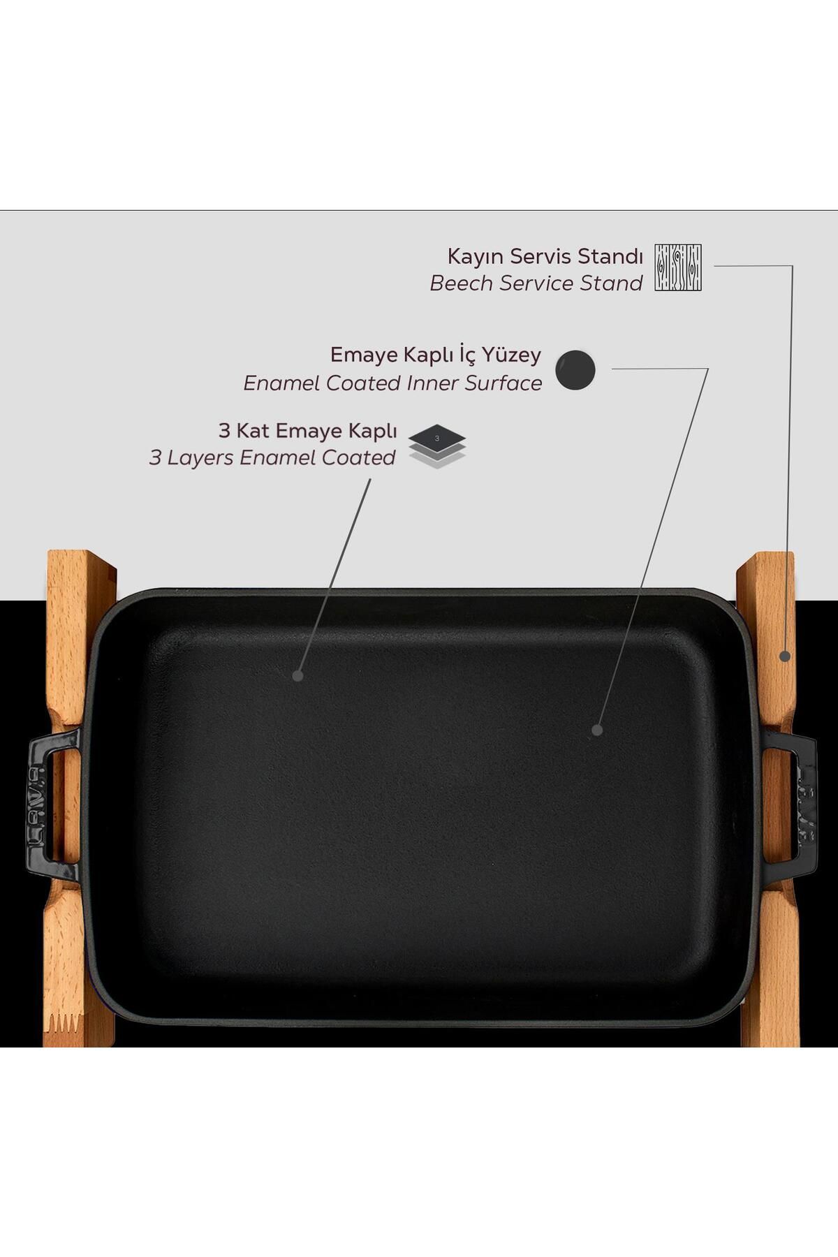 Lava-Cast Rectangular Rosto and Baking Tray Beech Serving Wood Cast Iron Solid Double Handle Size 5
