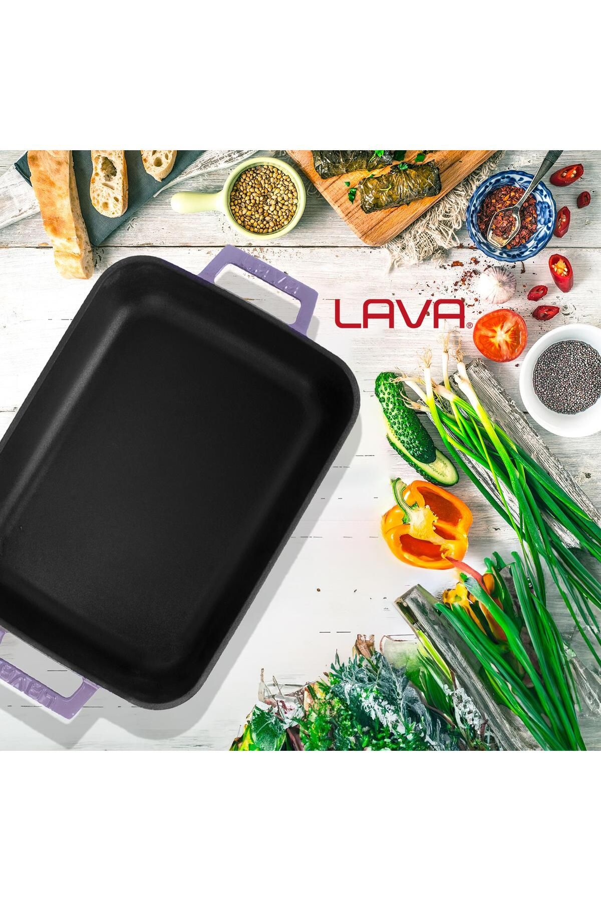Lava-22X30Cm Rectangular Rosto and Oven Tray - Cast Iron Solid, Double Handle Size 7