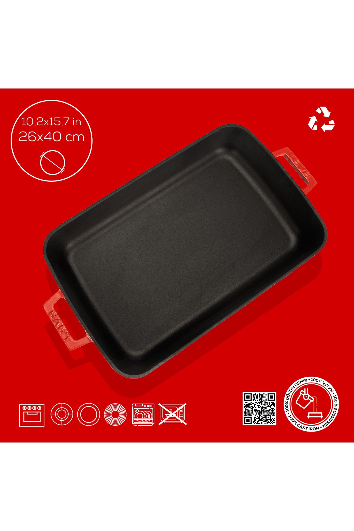 Lava-Cast Rectangular Rosto and Oven Tray Cast Iron Solid Double Handle Spring Series Size 26x4 4