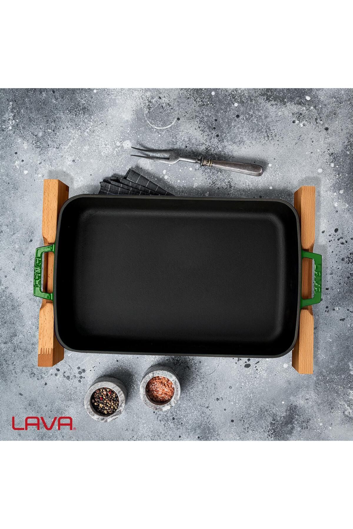 Lava-Double Handle Cast Iron Solid - Rectangular Rosto and Baking Tray, Beech Serving Wood 6