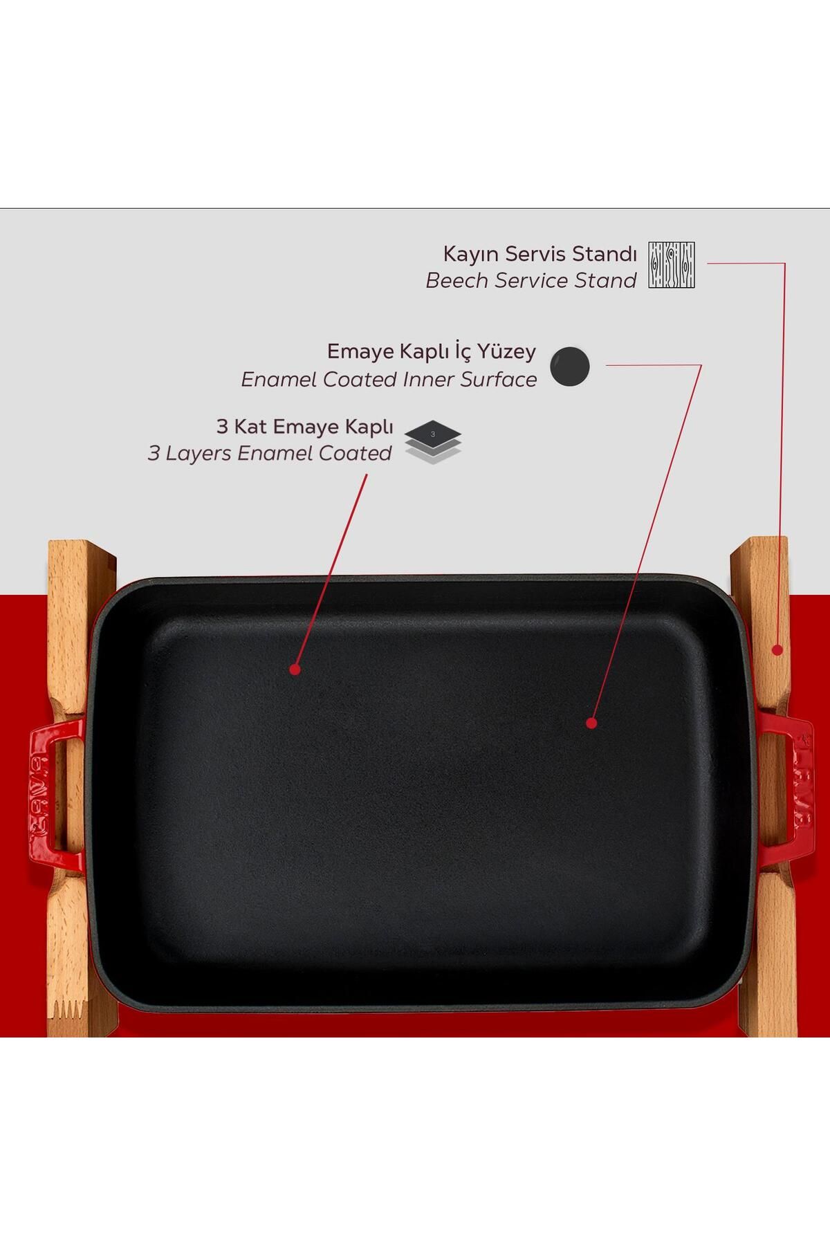 Lava-Cast Rectangular Rosto and Baking Tray Beech Serving Wood Cast Iron Solid Double Handle Size 6