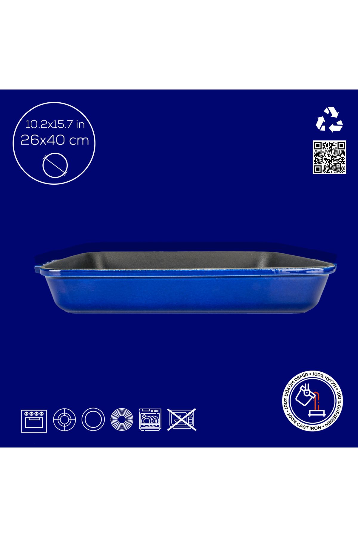 Lava-Cast Rectangular Rosto and Oven Tray Cast Iron Solid Double Handle Premium Series Size 26x 4