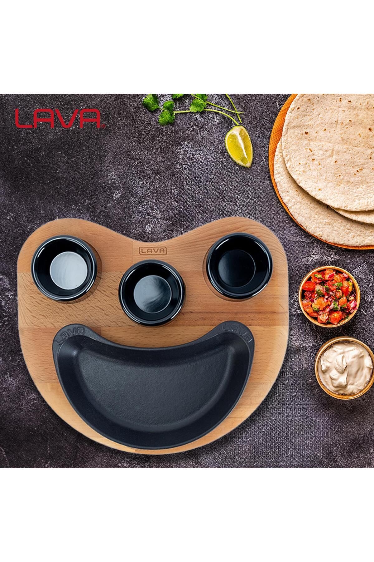 Lava-10X20Cm Measuring Cast Kidney Form Fajita Beech Serving Wood - Including Sos Cups 5