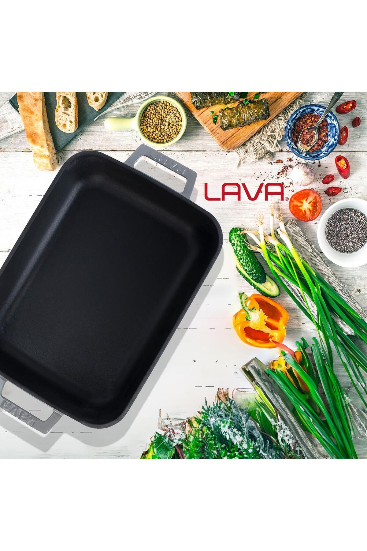 Lava-22X30Cm Rectangular Rosto and Oven Tray - Cast Iron Solid, Double Handle Size 7