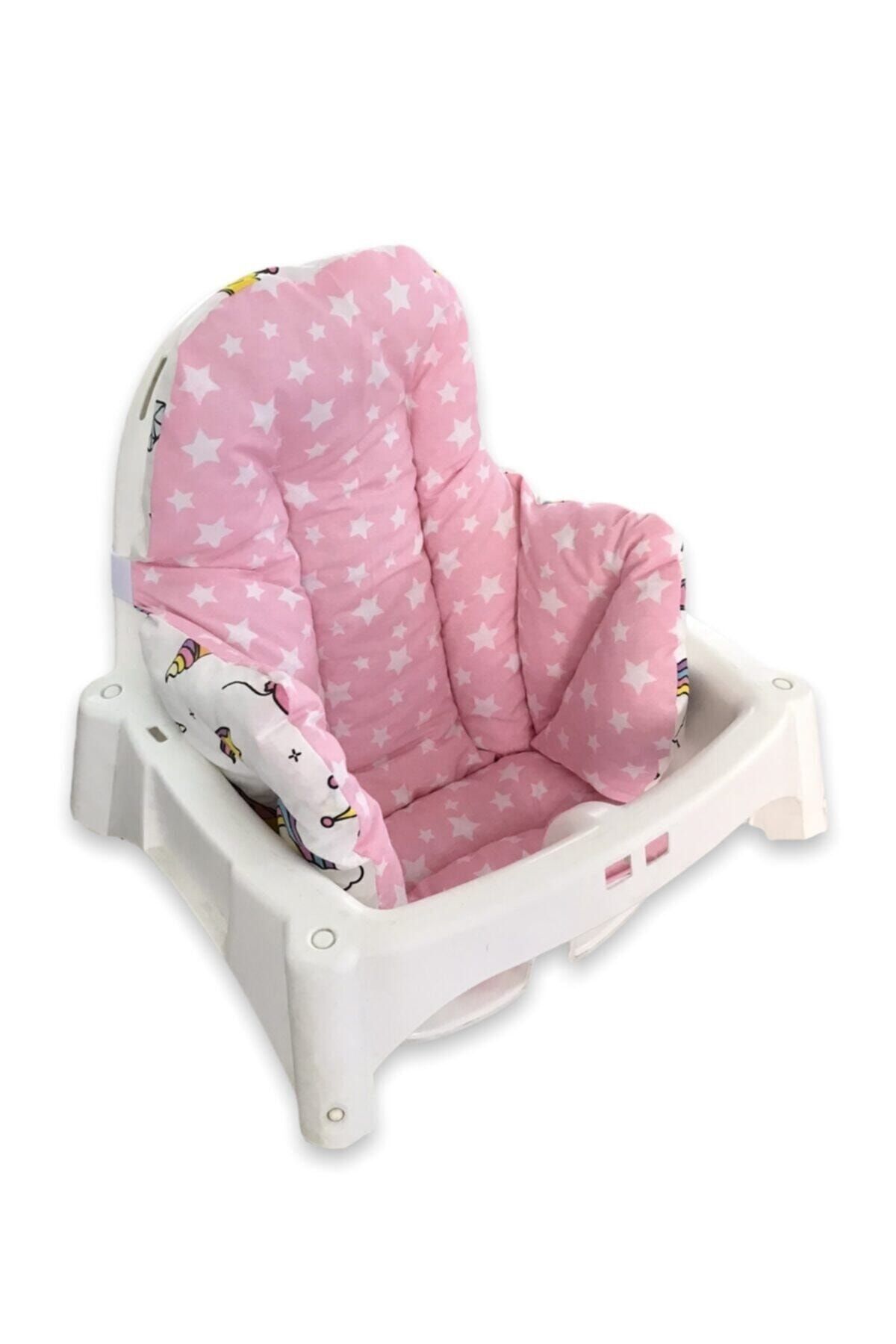 Bebek Özel %100 Pamuklu Bebek Çocuk Mama Sandalyesi Minderi Beyaz Pembe Unicorn Yıldızlı fotoğrafı 5 (önizleme)