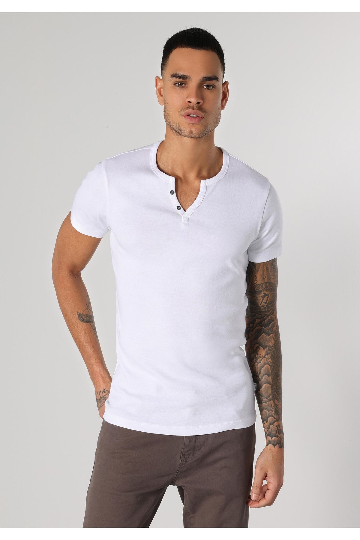 Colin's-Tricou alb cu mânecă scurtă pentru bărbați, tricotat cu gât cu plăcuță 6