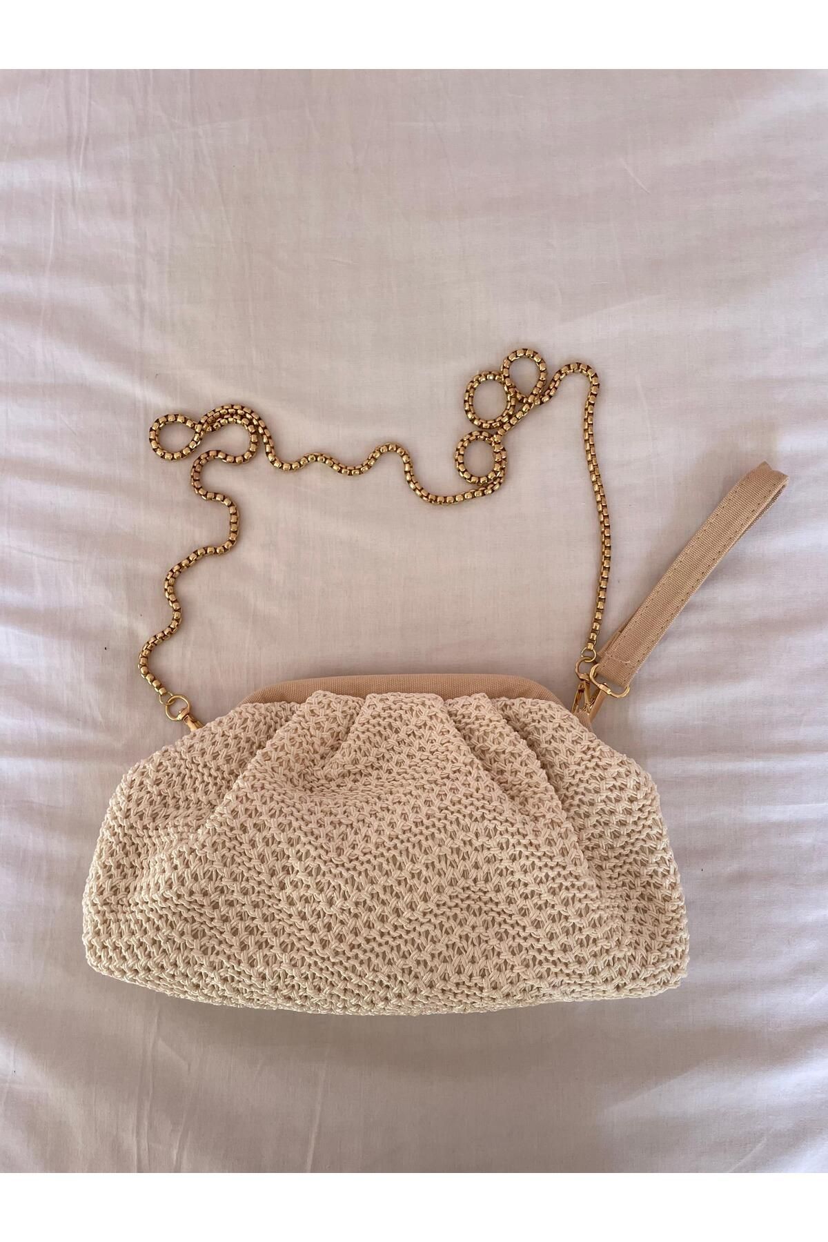 Butik Hasır dokulu zincirli omuz çantası