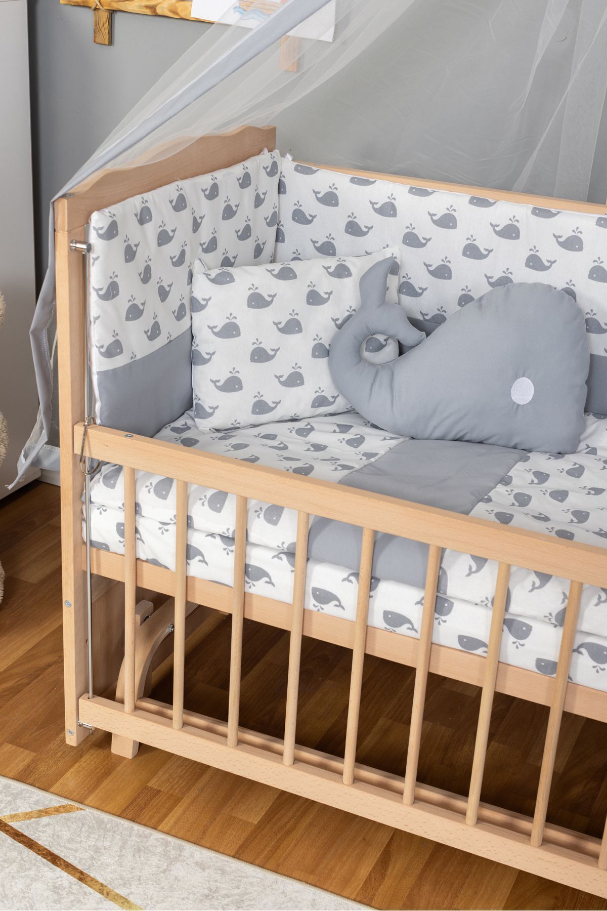 Bamgidoo Ahşap Doğal Beşik Anne Yanı Beşik Organik (BOYASIZ) 60x120 - Gri Balina Uyku Seti Yatak fotoğrafı 2 (önizleme)