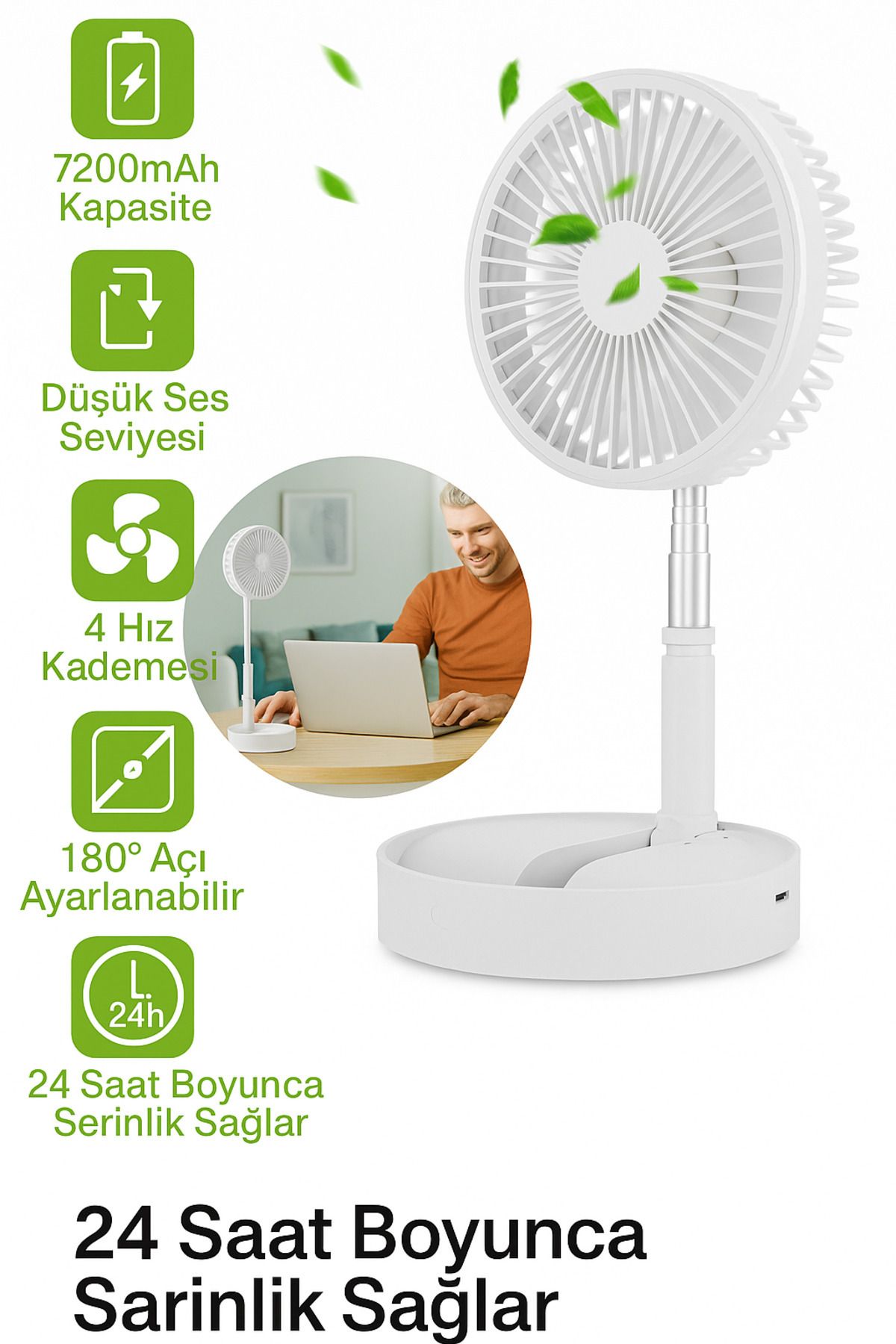 SMAYLİNG Katlanabilir Teleskopik Fan 7200mAh – 4 Kademe Hız, 180° Ayar, Sessiz, USB-C Şarjlı