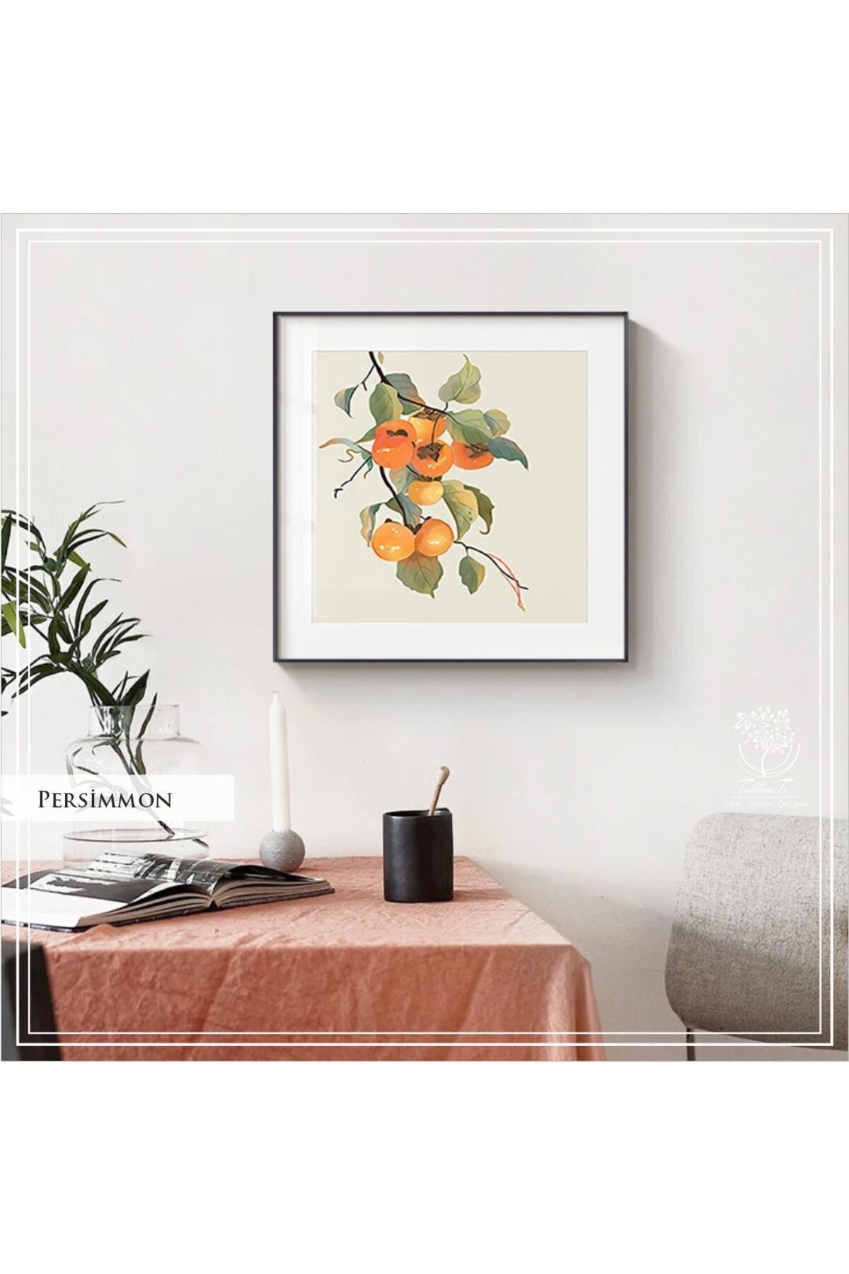 Persimmon Single Decorative Painting with Metal Frame and Glass