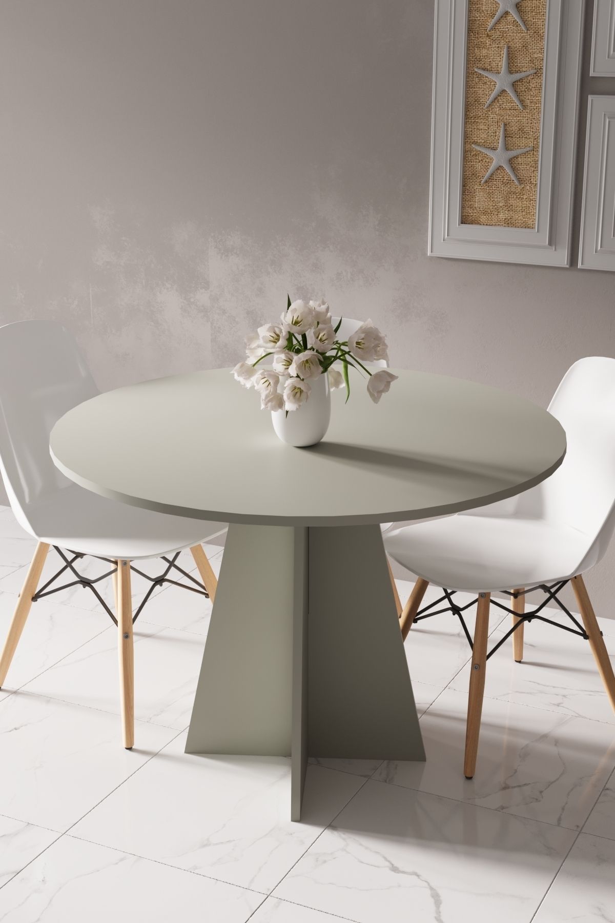 HMC DECOR Modern Yuvarlak 100cm Yemek Masası-mutfak Masası Kül Yeşili (SANDALYELER TEMSİLİDİR)