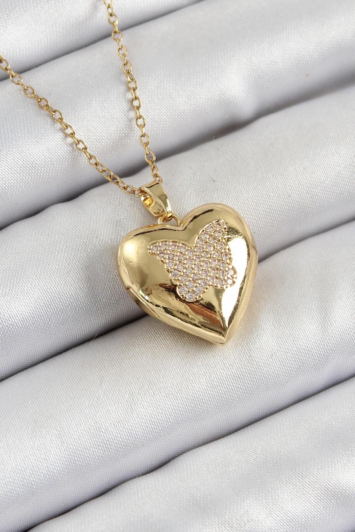 AfraBeauty 925 Ayar Paslanmaz Çelik Zincir Açılabilir Kelebek Figürlü Kalp Model Zirkon Taşlı Gold Kadın Kolye