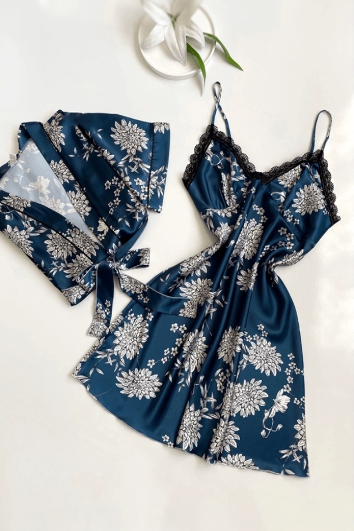 Gece İncisi Saten Gecelik Sabahlık Takım