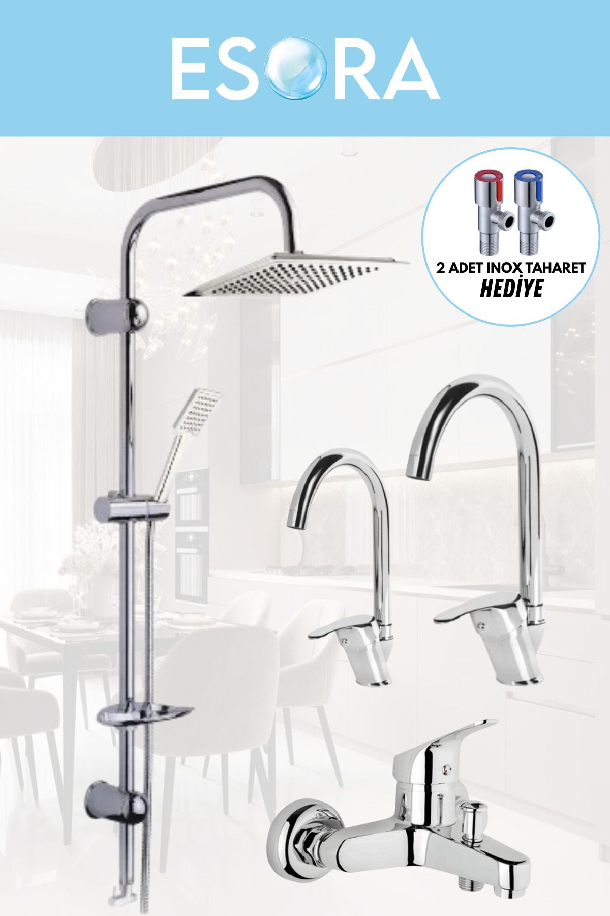 ESORA Dubai Robot Duş Sistemi, Baston Lavabo & Mutfak ve Banyo Bataryası Set (2 Adet Taharet Hediye)