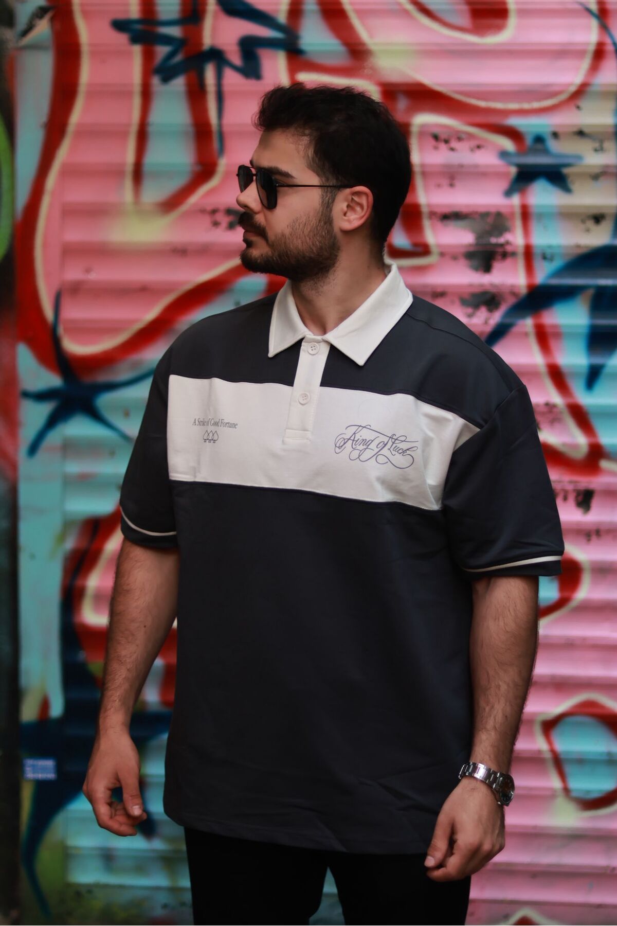 Freshman Oversize Sokak Stili Antrasit Beyaz Bloklu Polo Tshirt Erkek