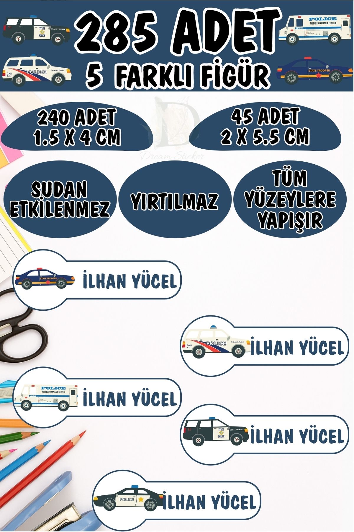 KT Decor Kişiye Özel Okul Etiketi Kalem Defter Etiketi Arabaları Özel Isimli Etiket 5 Figür - 285 Adet