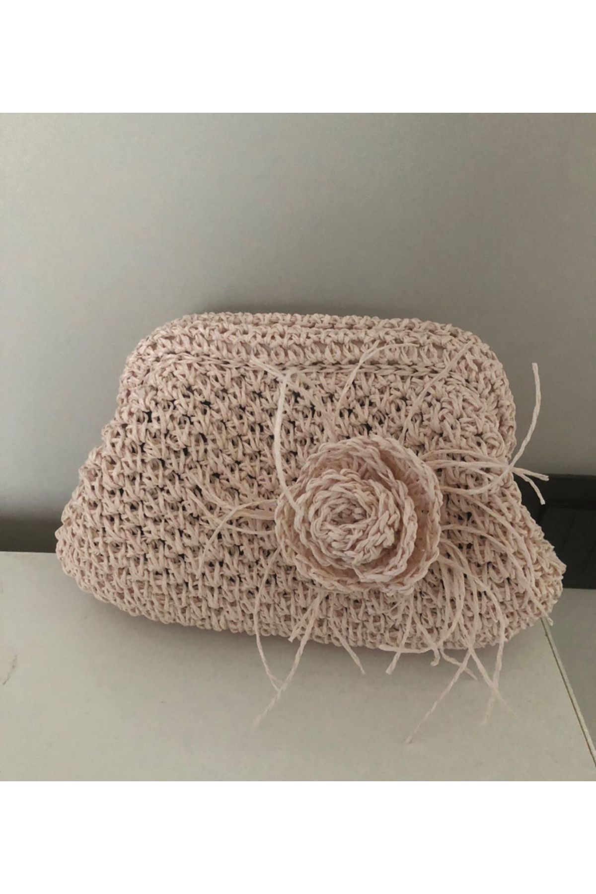 PeriStore Gül Hasır Portföy Çanta 28x20cm El Örmesi Astarlı