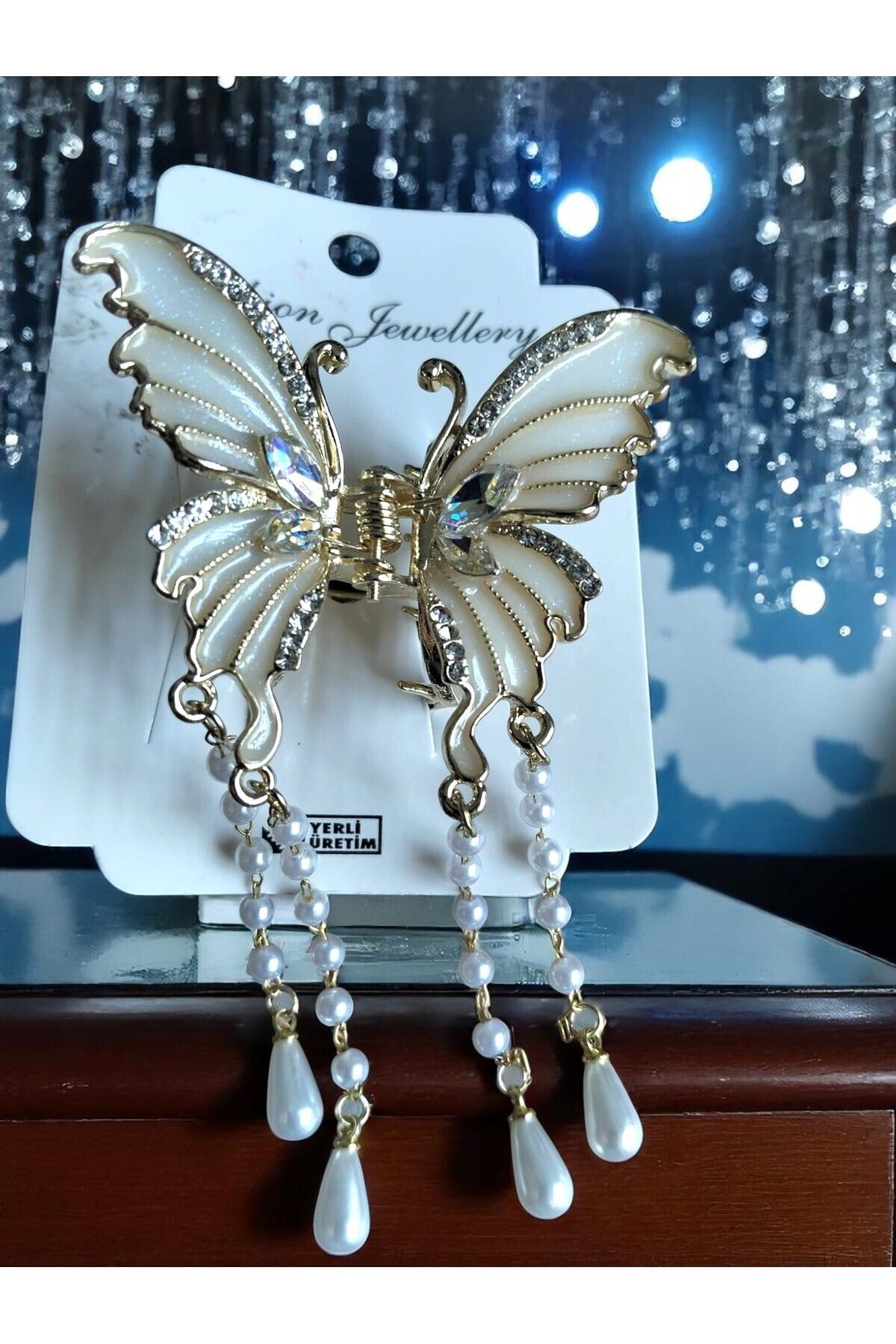 CLOVER JEWELRY Beyaz İnci Detaylı Zarif Kelebek Pinteres Saç Tokası-Çelik Saç Tokası