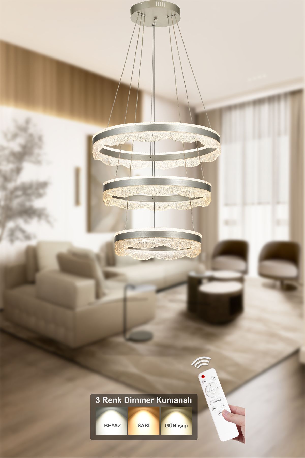 Avizemoda Estilo 3 Katlı Dimmer Kumandalı 3 Renk Ledli (Sarı-Beyaz-Gün Işığı) Modern Akrilik Avize -Gümüş