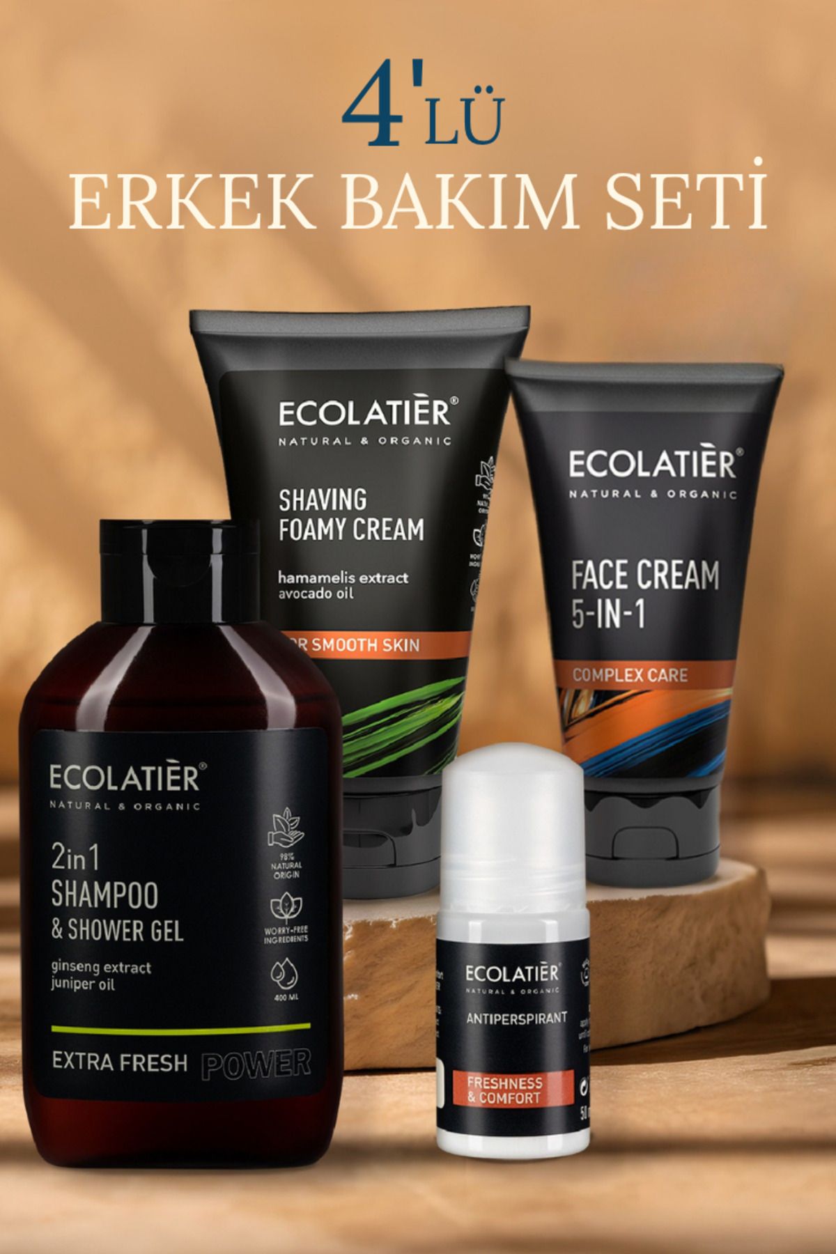 ECOLATIER Erkek Bakım Seti 4’lü: Erkek Şampuanı ve Duş Jeli, Yüz Kremi, Roll On, Tıraş Kremi Hediye Erkek Set