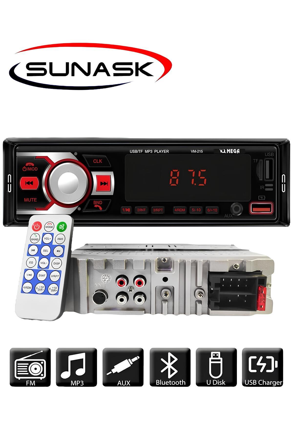 SUNASK Sn-215 Çift Usb'li Bluetooth Oto Teyp Araba Teyibi Kumandalı Oto Teyip Mp3 Çalar Amfi Çıkışlı