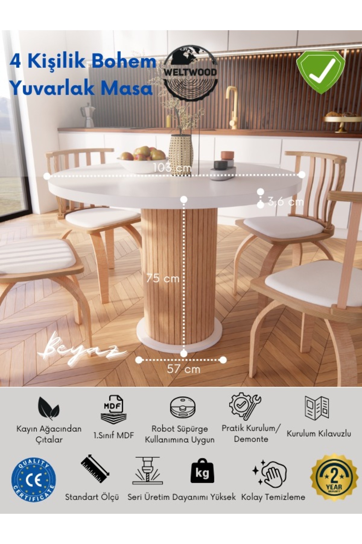 BebeK on For 4 Kişilik Yuvarlak Yemek Masası- 36mm Mdf Tabla, Kayın Cilalı Ayak, Bohem Stil, Garantili fotoğrafı 2 (önizleme)