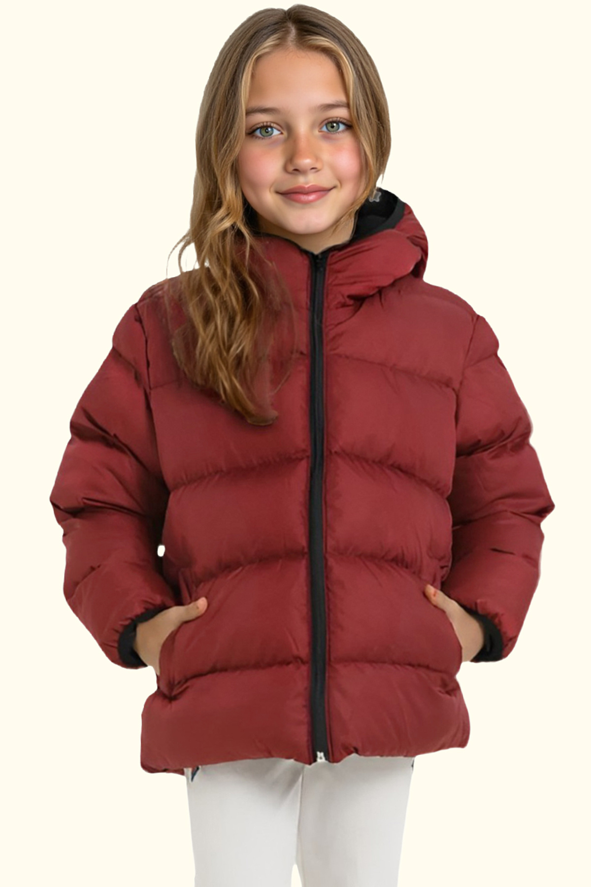 Girls Fleece Fur Hooded Inflatable Winter Coat with Windproof Pockets